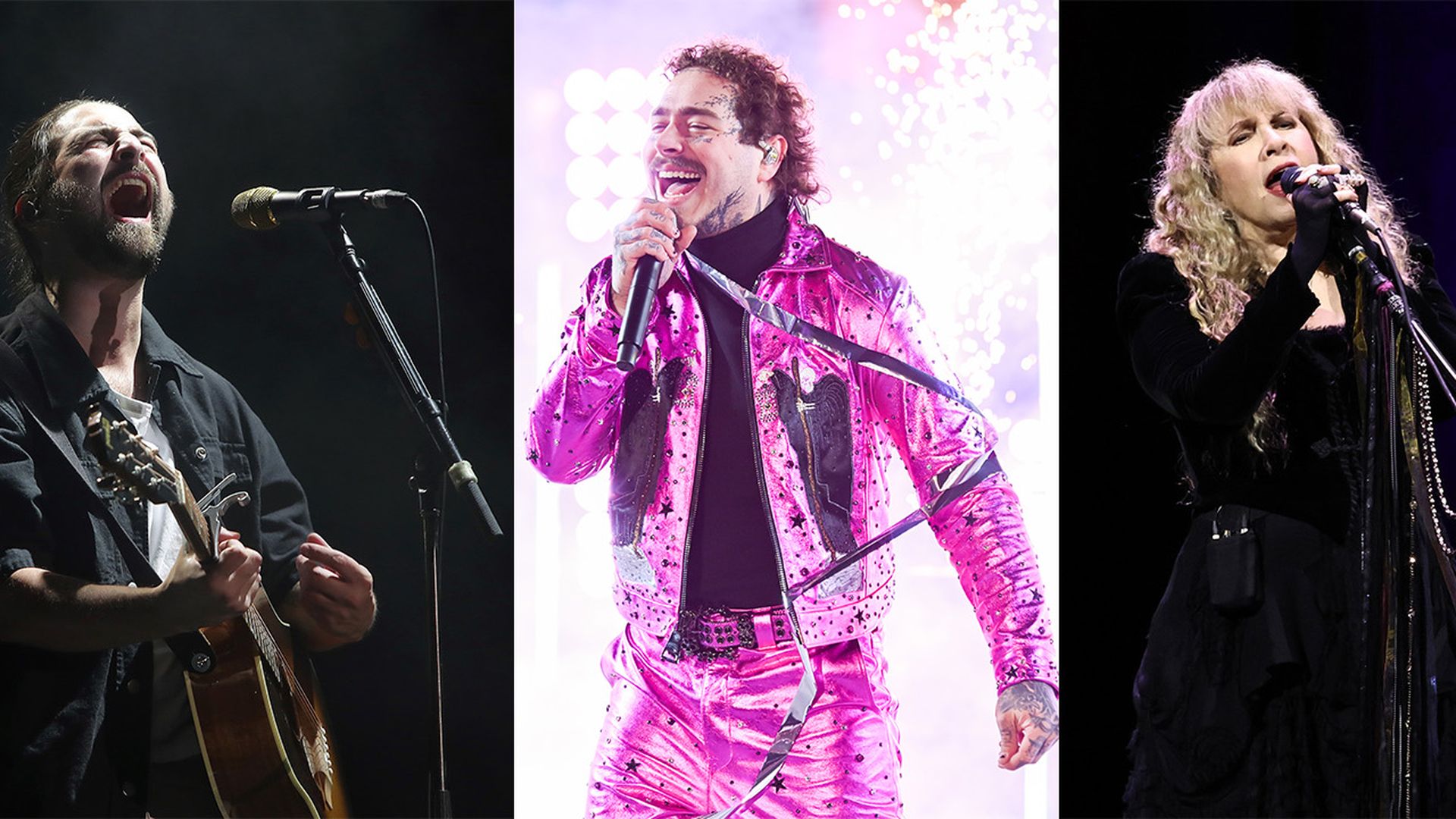 noah kahan, post malone, stevie nicks performing on stage