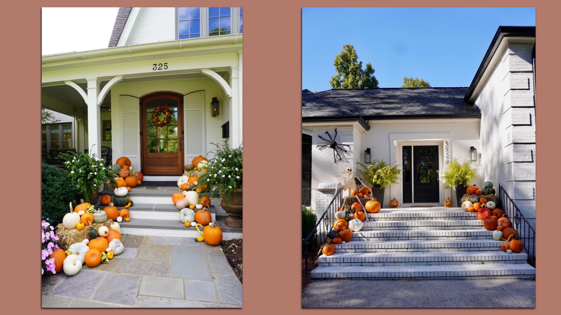 Two white houses with stairs decorated for fall. Both have many pumpkins in orange, white, and green shades. Left porch has hay bales; right porch has a skeleton and a large fake spider.
