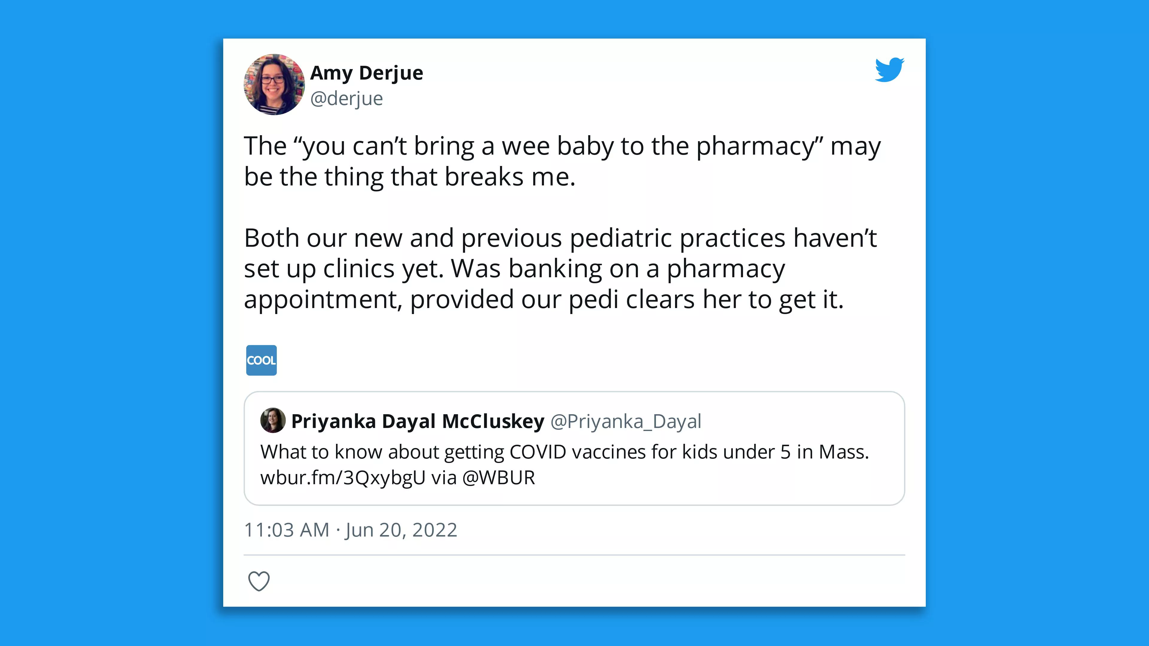 A screenshot of a tweet about how hard it is to get young kids vaccinated.