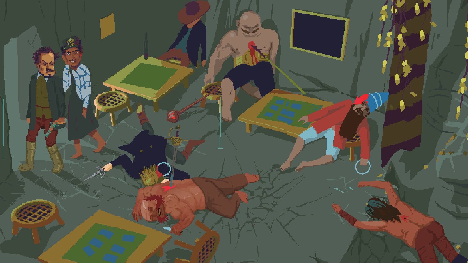 Video game screenshot of the aftermath of a card game where the players stabbed or clubbed each other to death