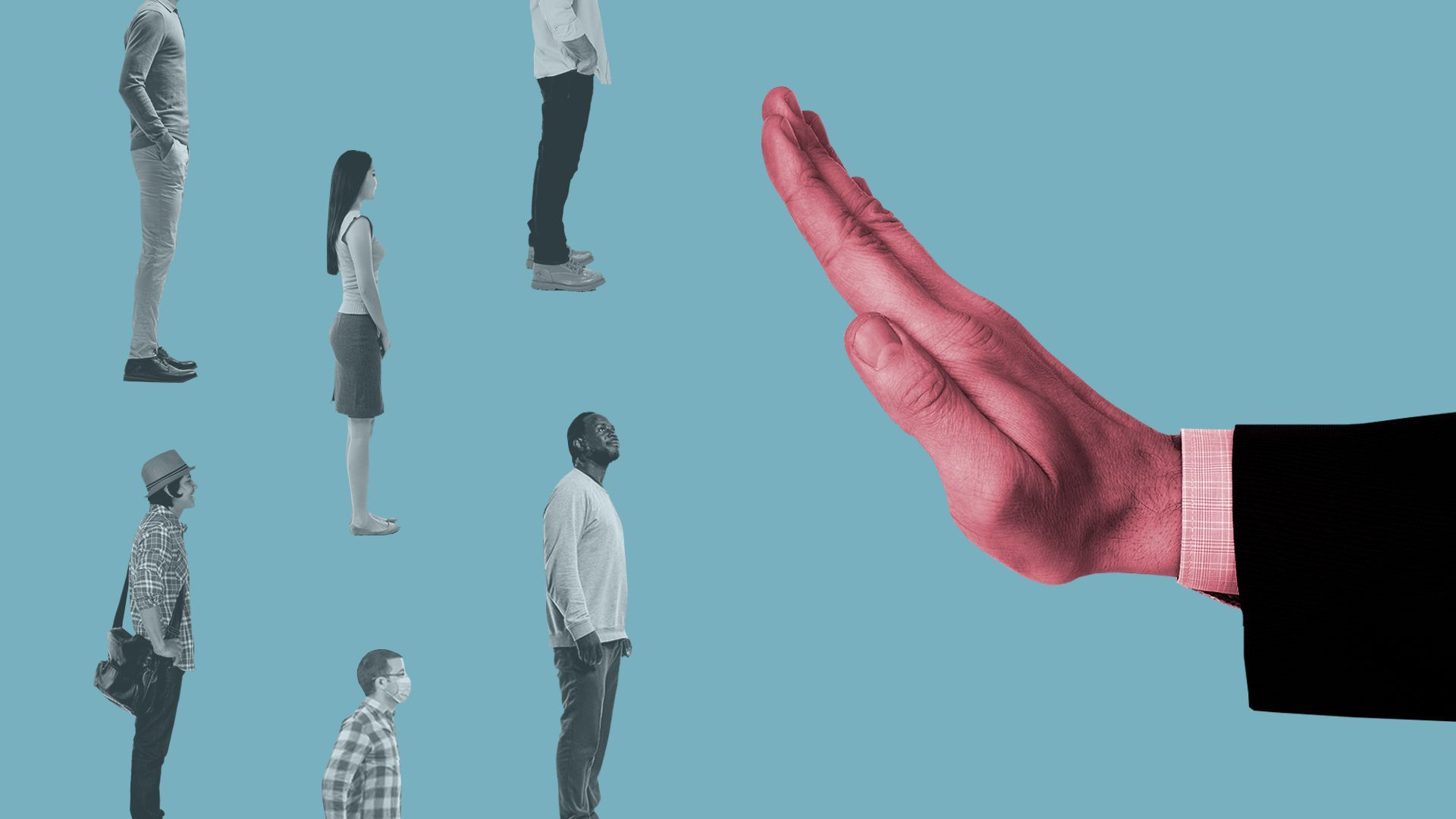 Illustration of workers in faded color facing a brightly colored corporate hand