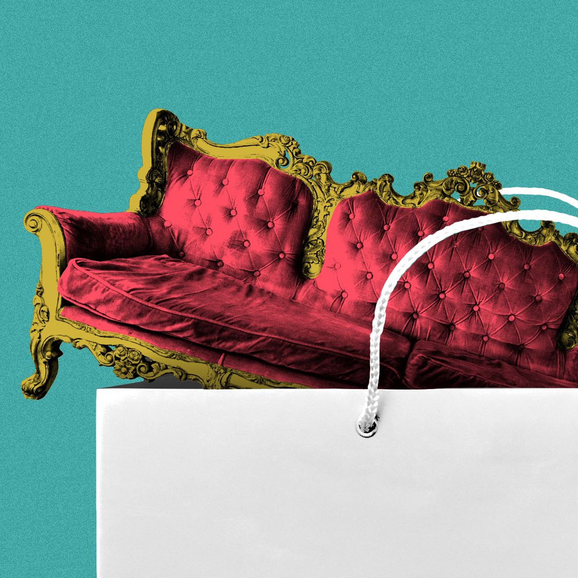 Illustration of an antique couch sticking out of a shopping bag.
