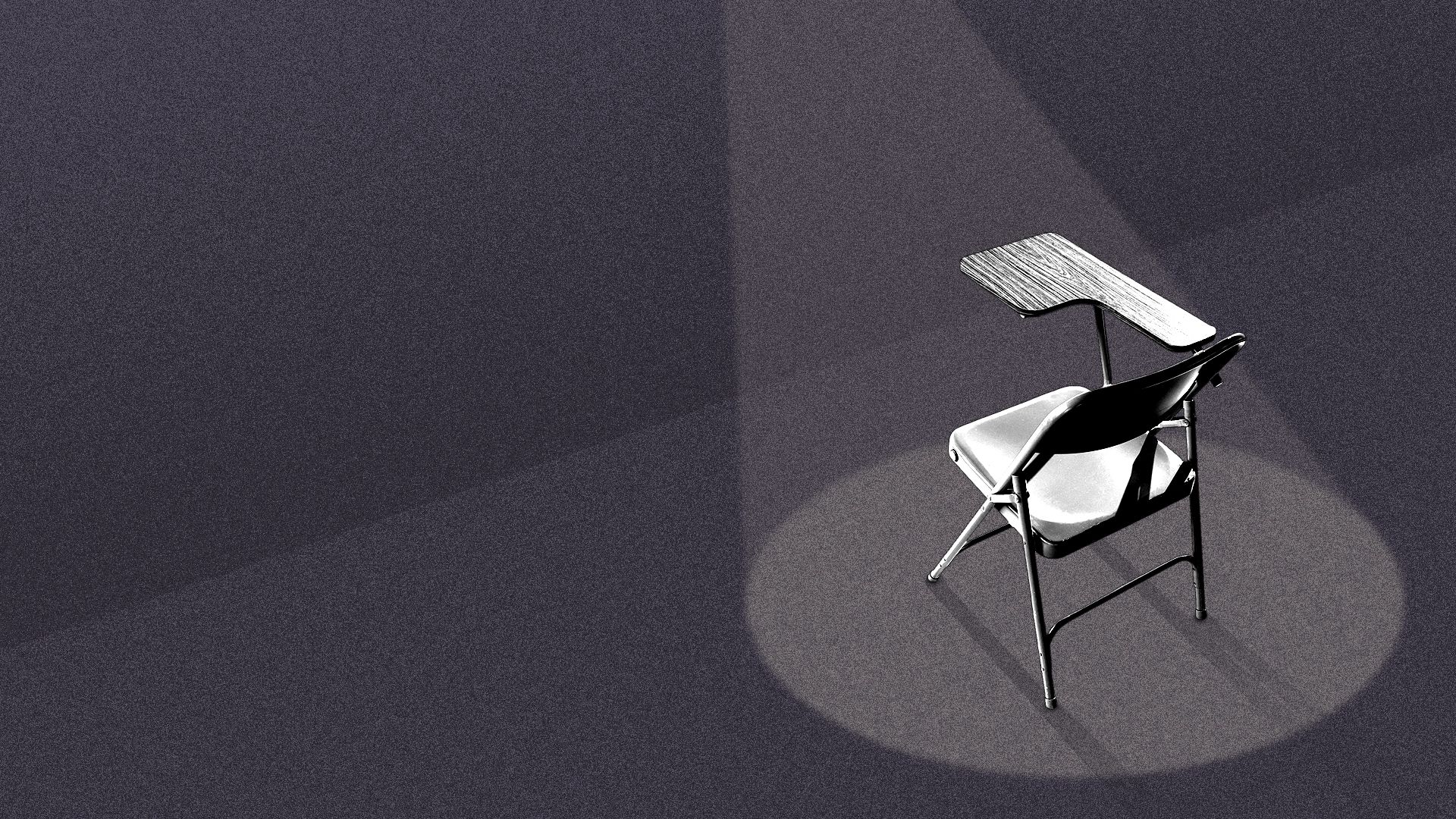 Illustration of a spotlight shining on an empty school desk facing a wall by itself.  