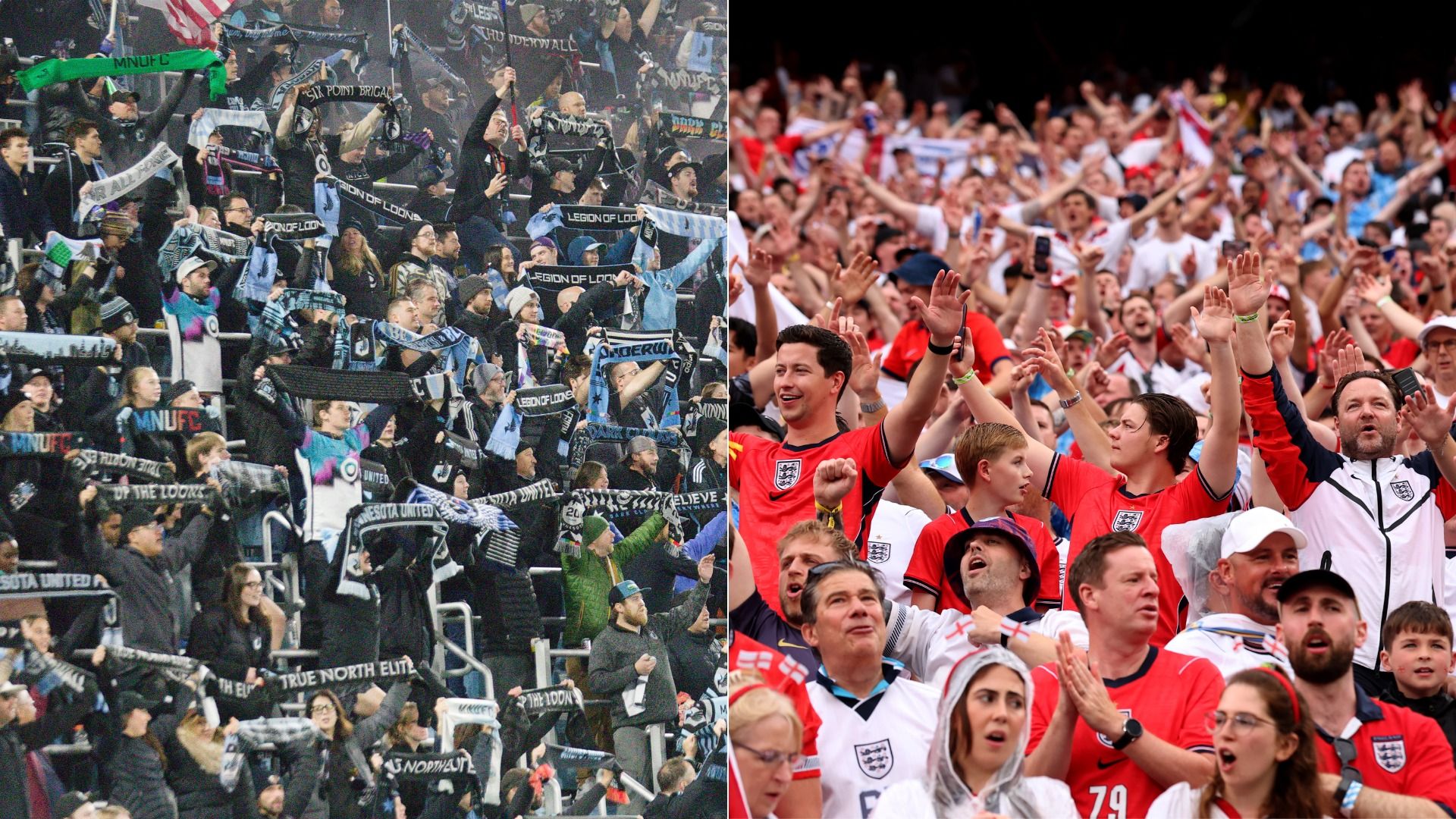Split image of two crowds: left shows dark-clad fans in a stadium waving blue and black scarves; right shows England supporters in red and white jerseys with arms raised in celebration.