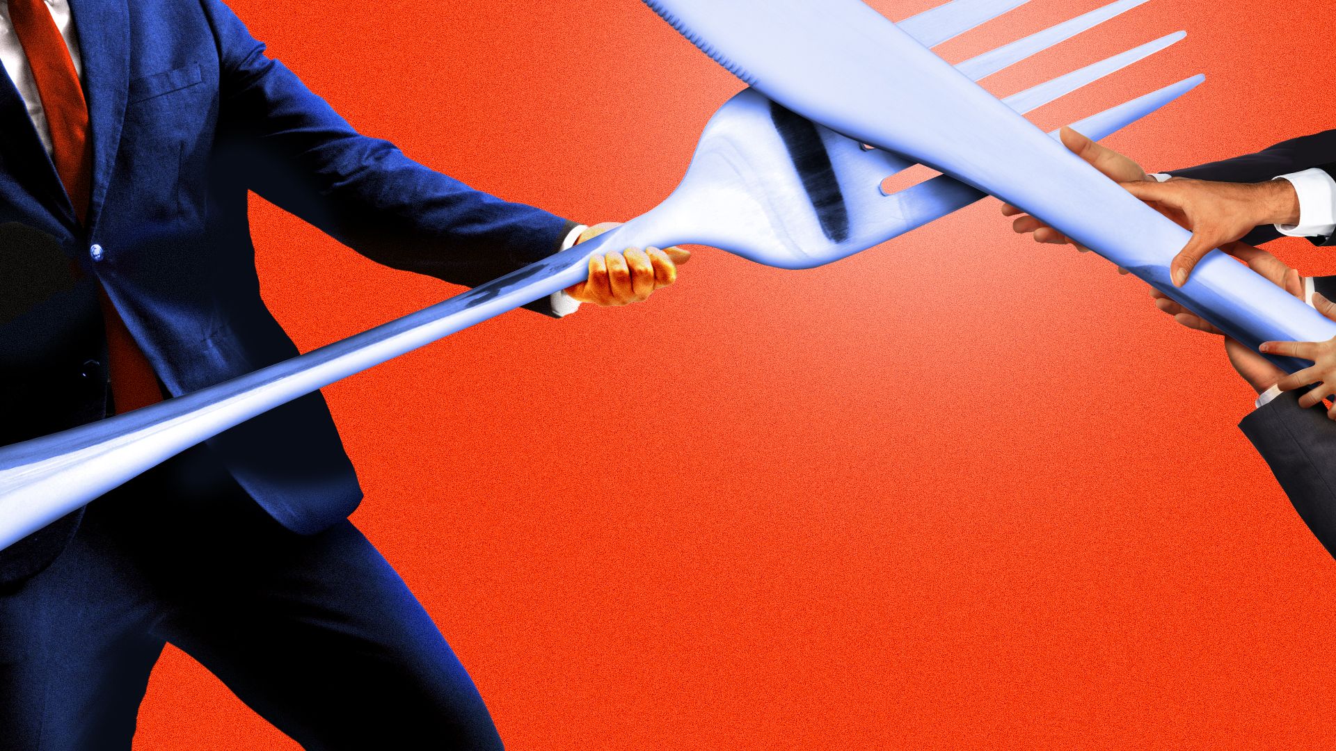 Illustration of a Trump-like figure battling a group of people with giant cutlery 
