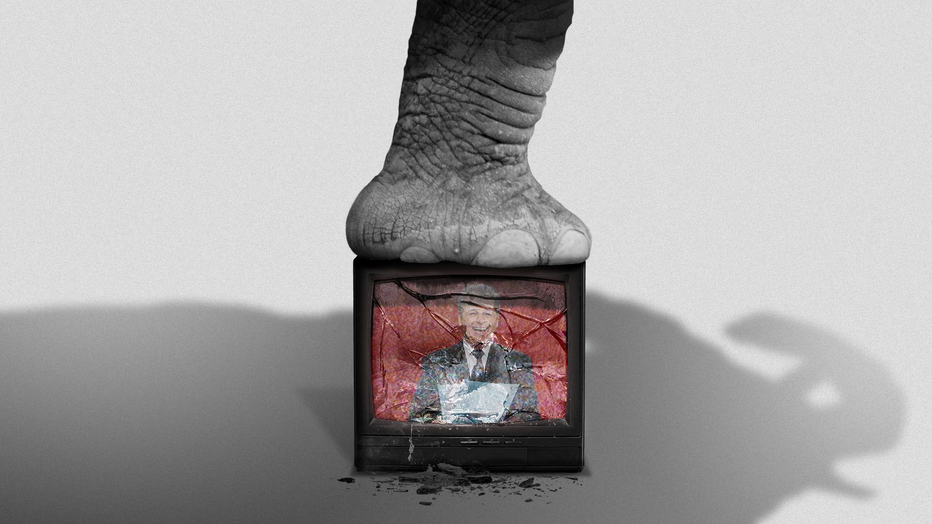 Illustration of an elephant stepping on and breaking  a television with a news anchor on the screen