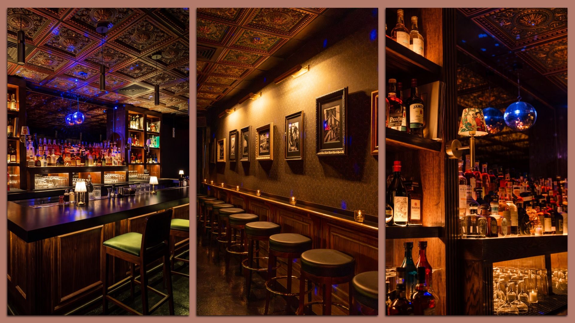 Triptych of a moody bar interior: ornate gold ceiling, shelves full of bottles, a long wooden counter with green-stool seating, framed photos on the wall, and blue disco ball reflections.