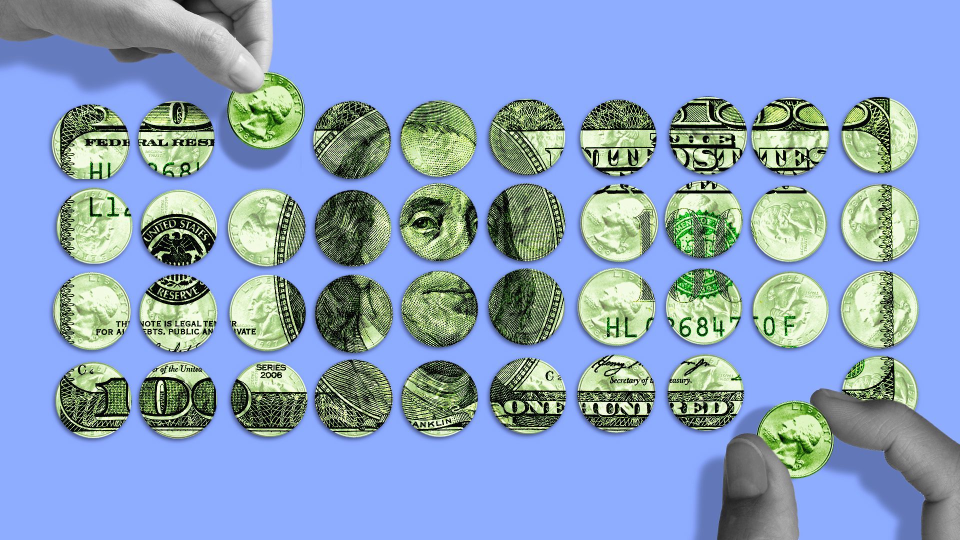 Illustration of hands placing coins into an arrangement creating a one hundred dollar bill