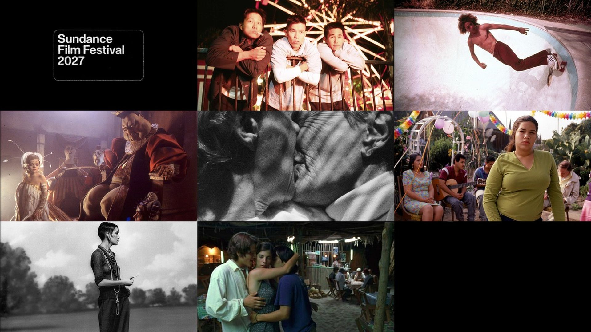 Collage of nine frames: Sundance 2027 logo; three men at a carnival ride; skateboarder in a bowl; black-and-white kissing couple; woman in green at a festive outdoor party; couple embracing at a night market.