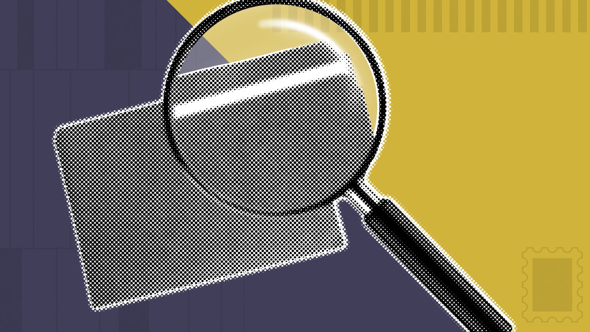 Illustration of a magnifying glass and file folder with abstract ballot elements in the background.