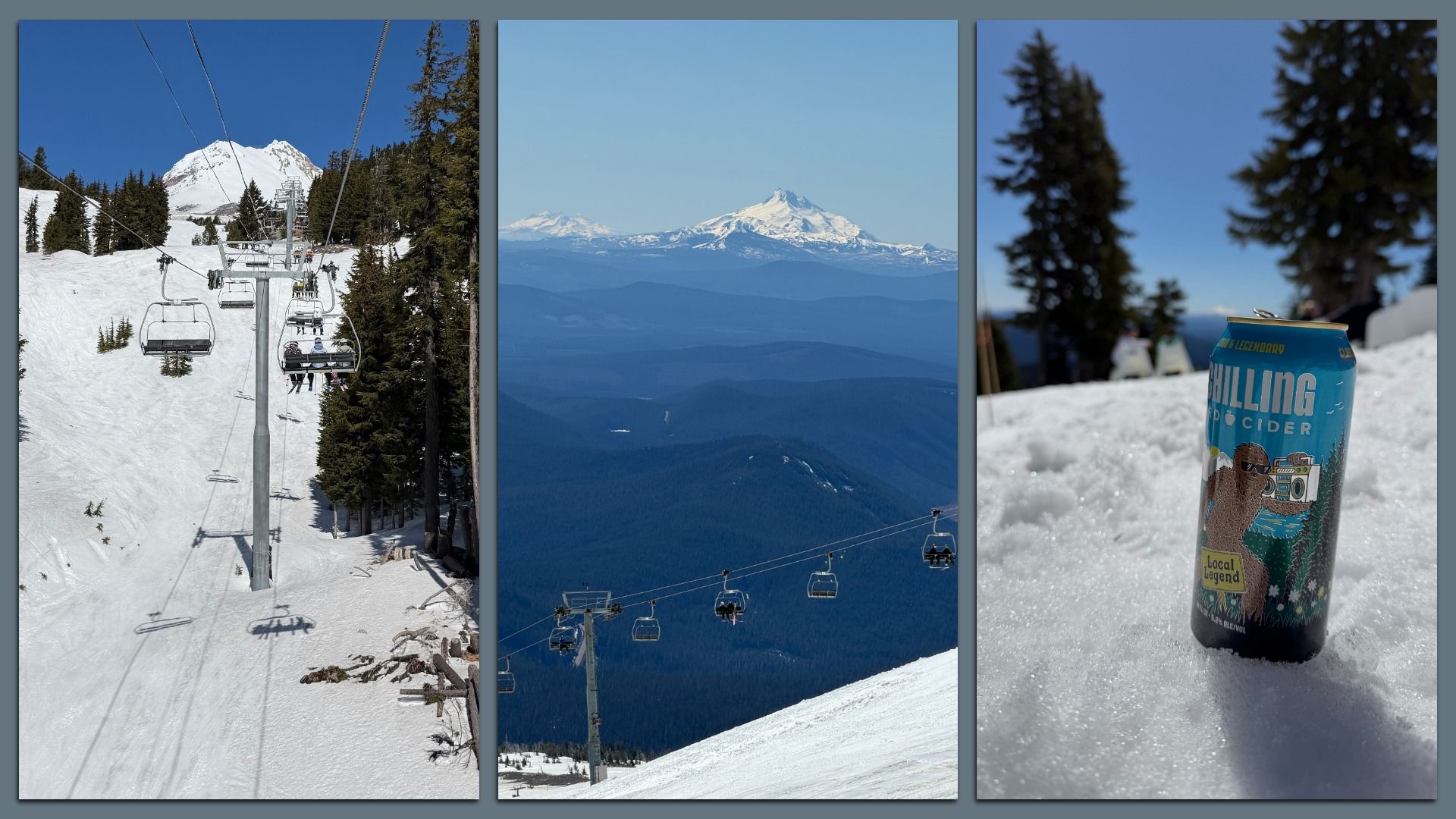 Triptych: left - snowy slope with a chairlift, evergreen trees, and a tall mountain under blue sky; middle - a distant snow-capped peak with blue ridges; right - a blue can in the snow with blurred trees in the background.