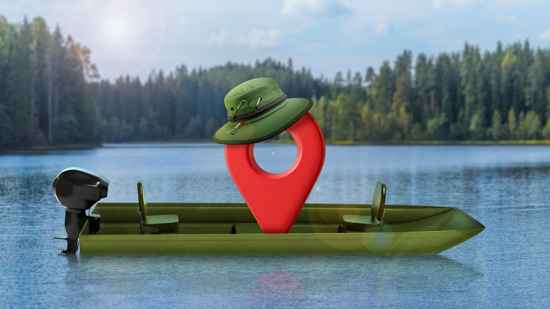 Illustration of a location pin with a fishing hat, riding in a boat on a lake.