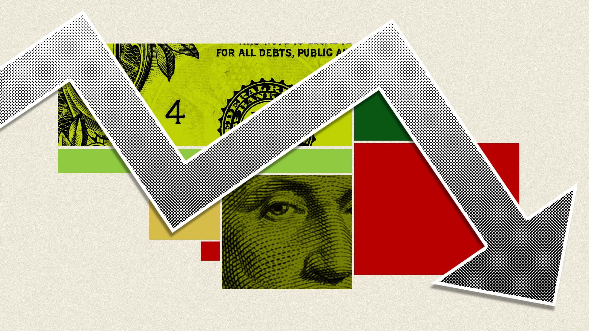 an illustration of a downward stock chart surrounded by red, green and yellow squares and cutouts of a 100 dollar bill