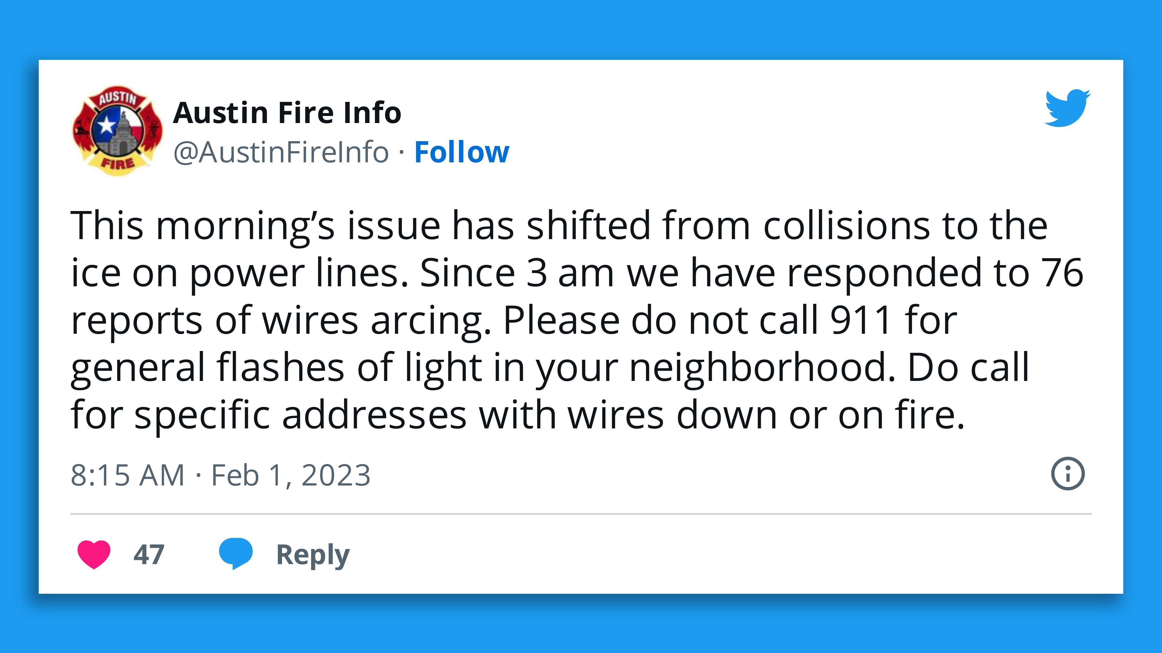 Tweet image from Austin Texas emergency officials.