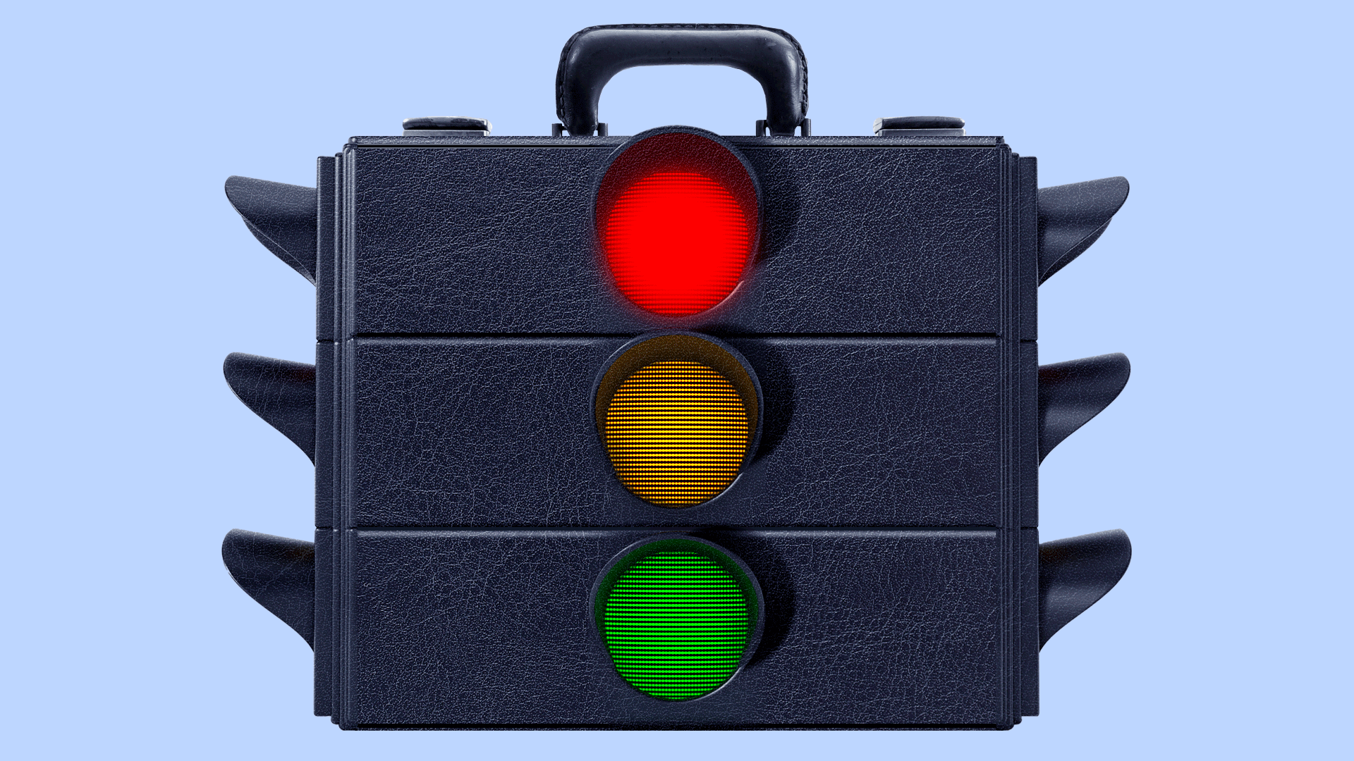 Animation of a briefcase-shaped traffic light cycling through red to green