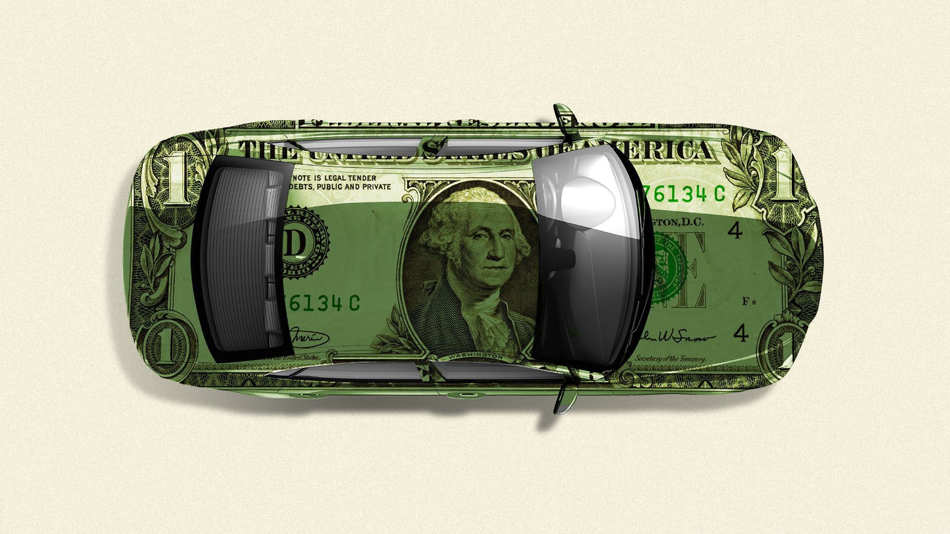 Illustration of a $1 bill on a car.