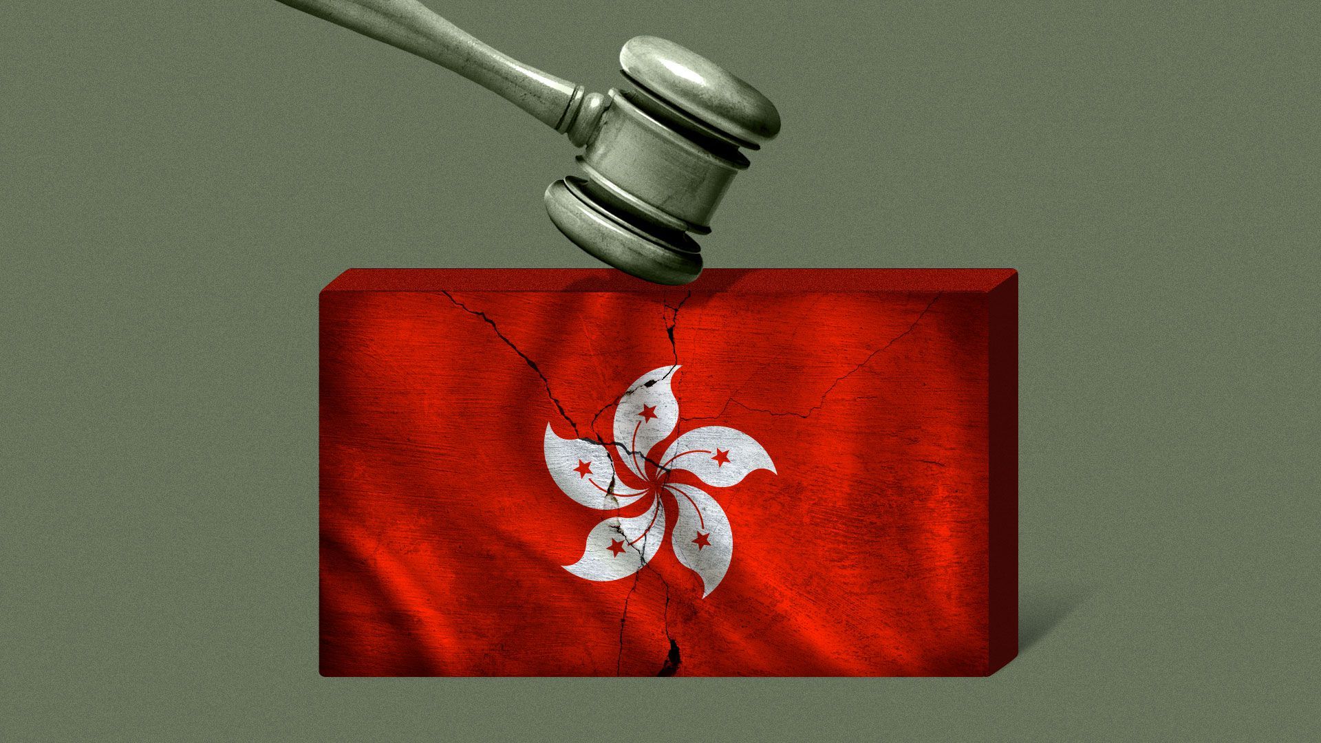 Illustration of a gavel cracking the Hong Kong flag