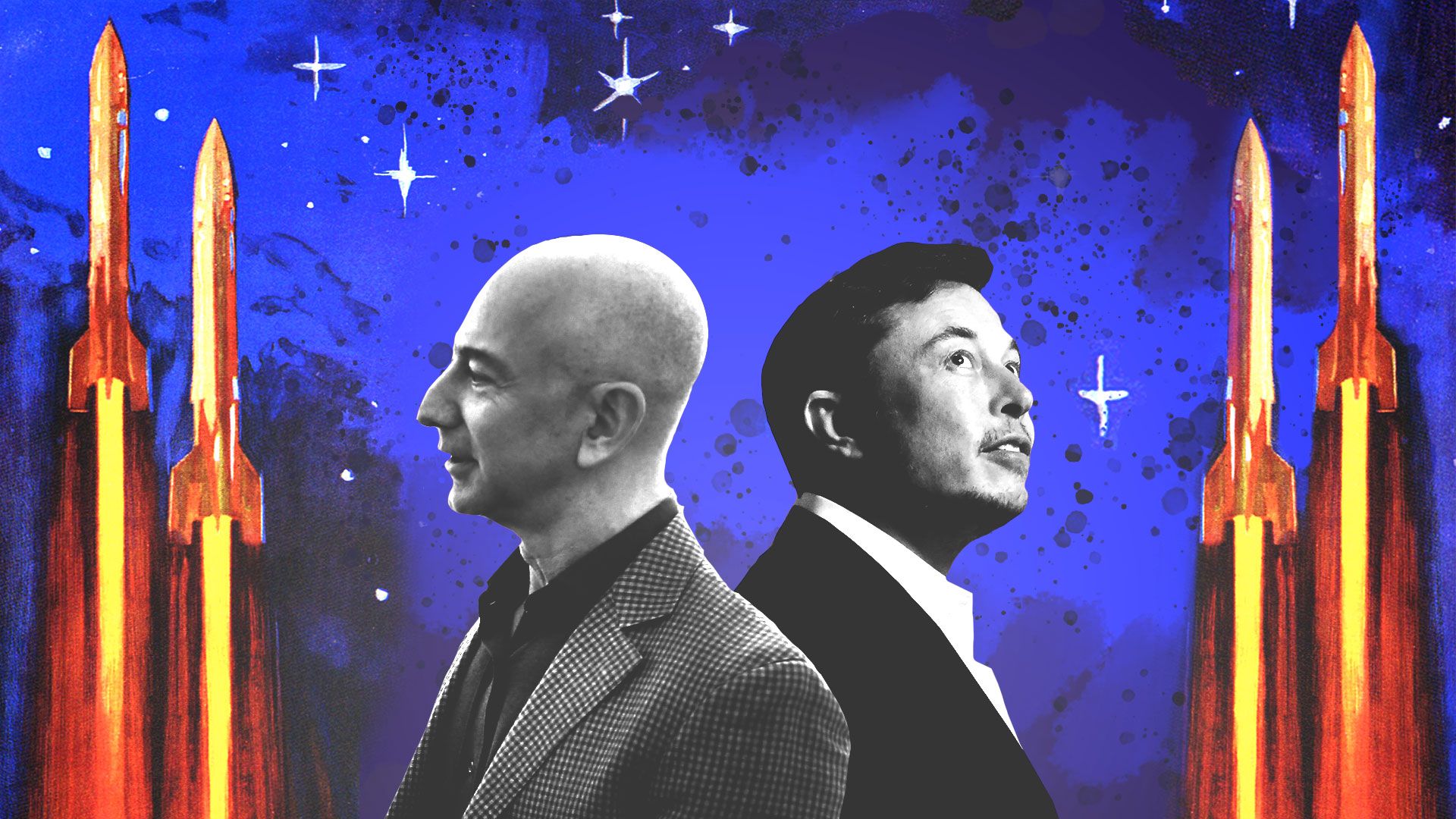 Illustration of Jeff Bezos and Elon Musk as a stylized space race propaganda poster