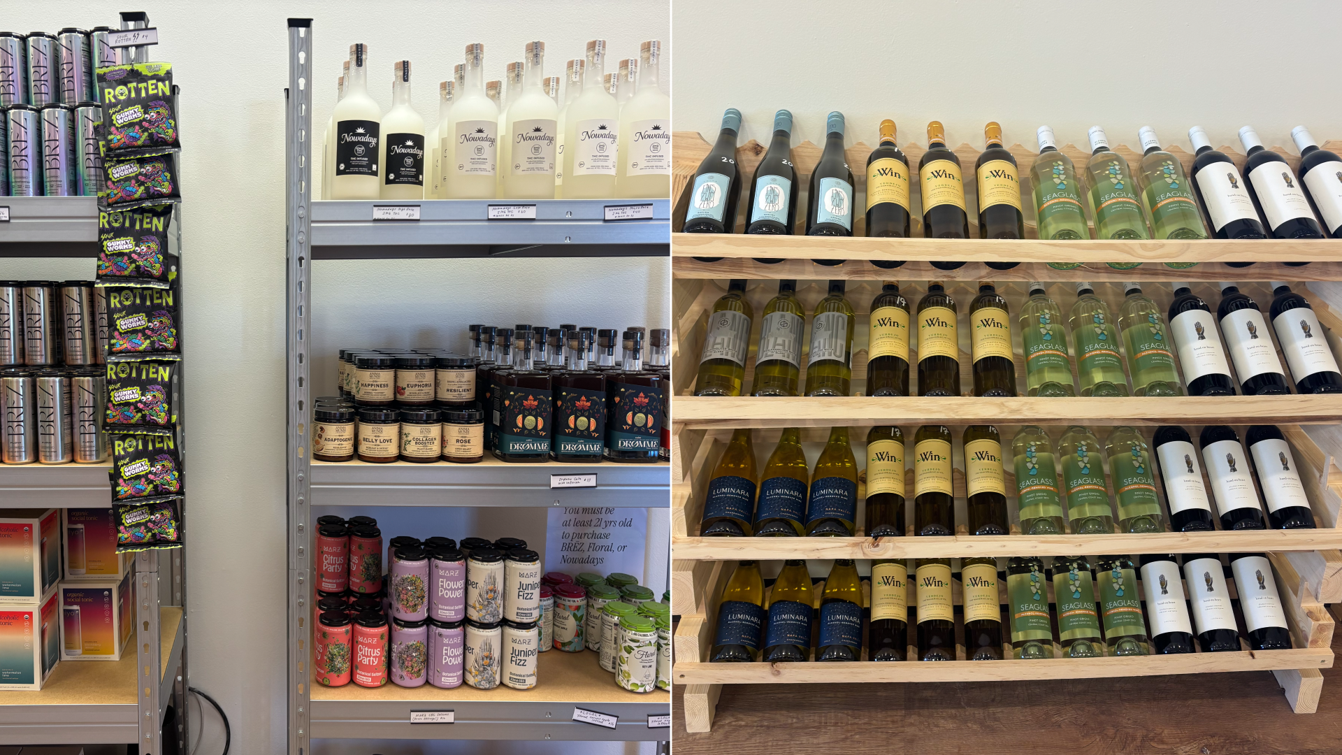 Side by side photos of bottles and can on shelves