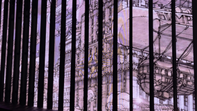 An animated gif of an illustrated flying submarine in front of old buildings