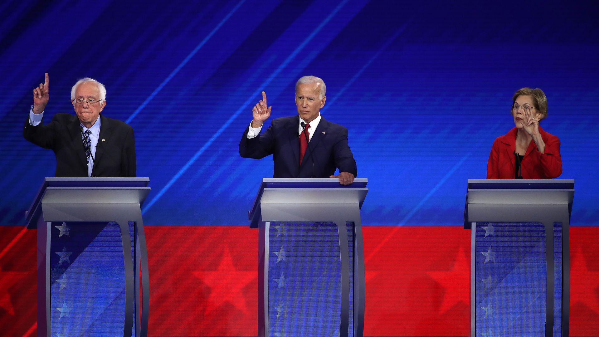 Bernie Sanders, Joe Biden and Elizabeth Warren, at the last Democratic presidential debate