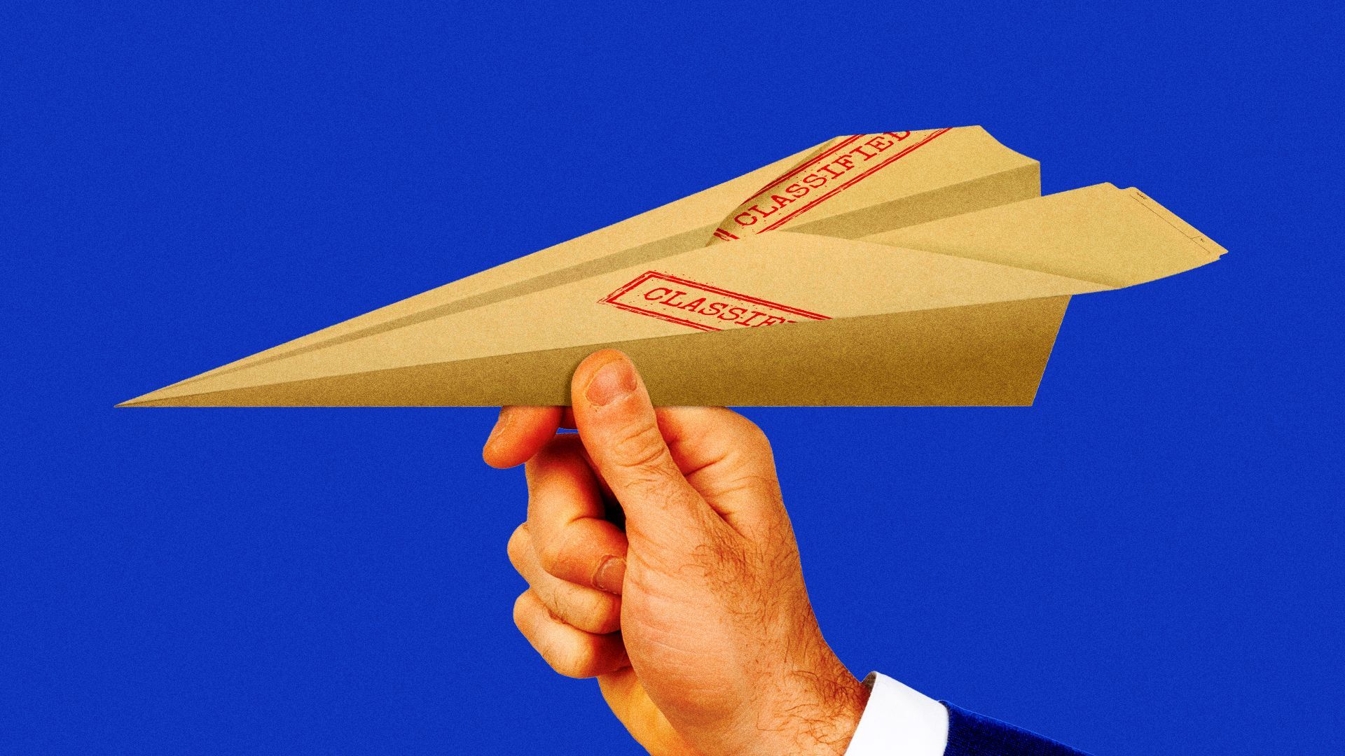 Illustration of Trump's hand about to launch a paper airplane made from a classified document folder. 
