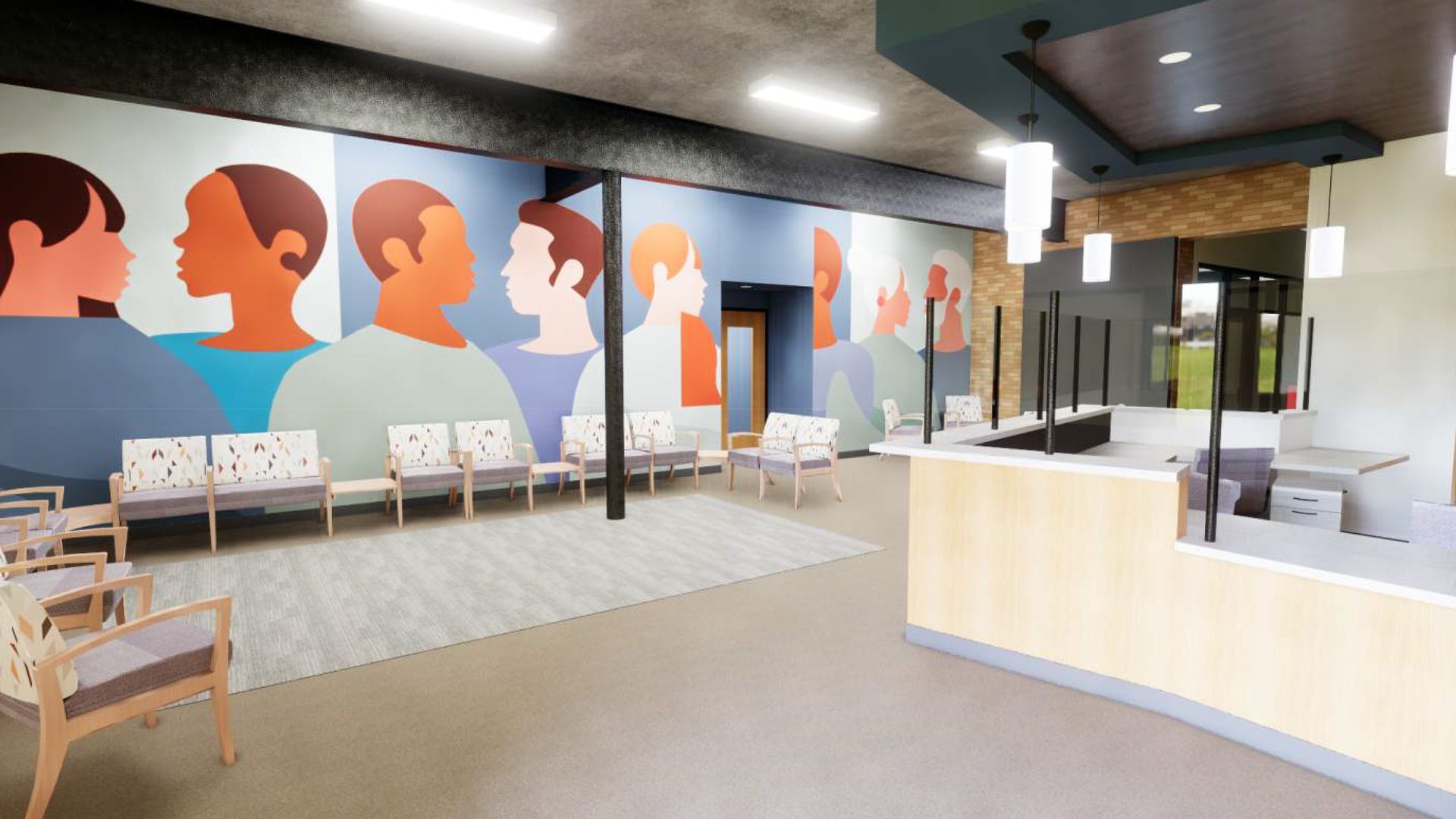 Rendering of a waiting room with colorful murals of people on the wall, chairs and a wood check-in desk.