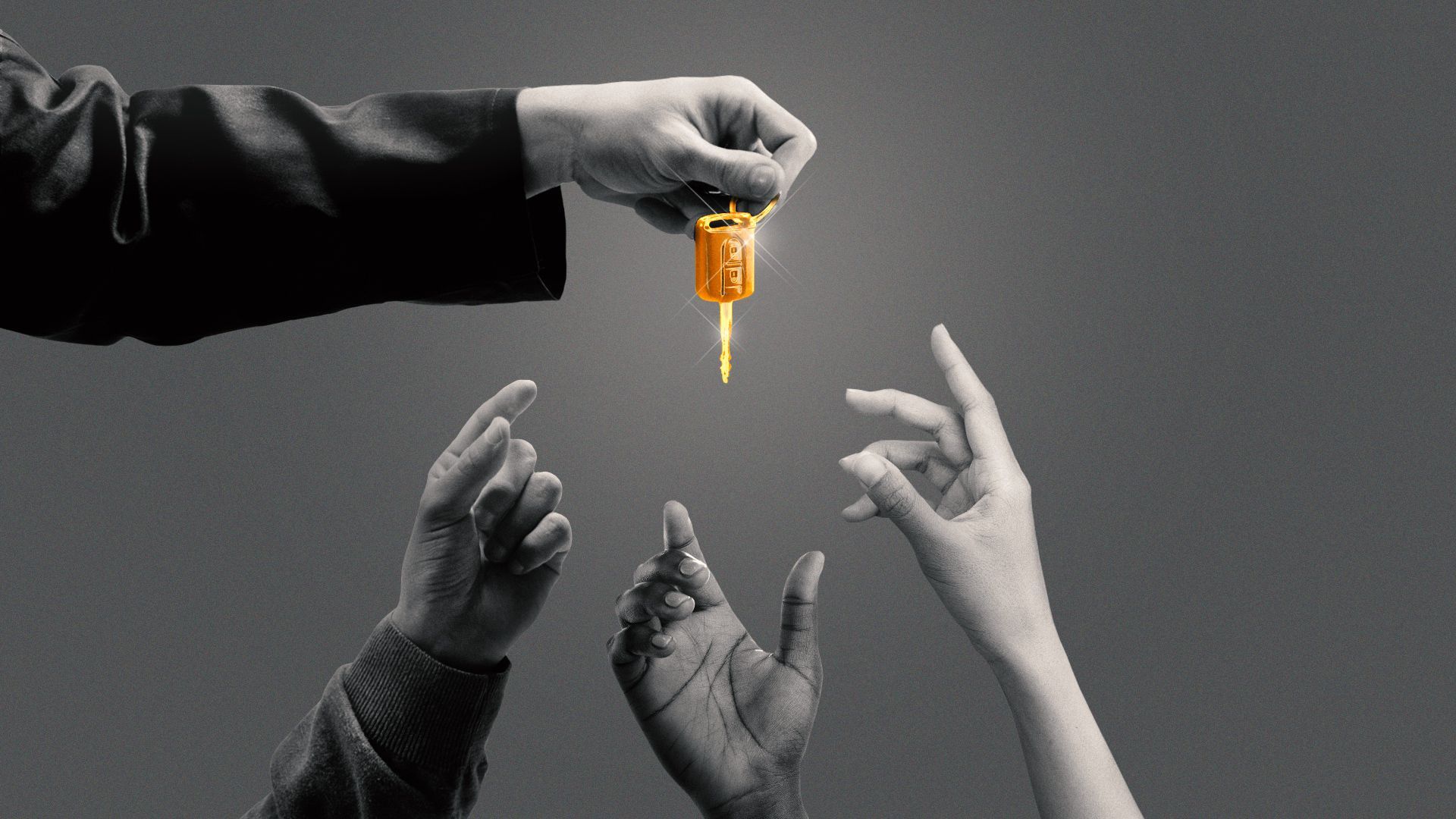 Illustration of many hands reaching for a golden car key.