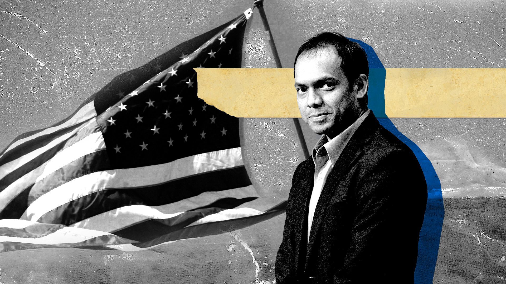 Photo illustration of a collage featuring Rais Bhuiyan, an American flag, and a piece of masking tape over paper textures.