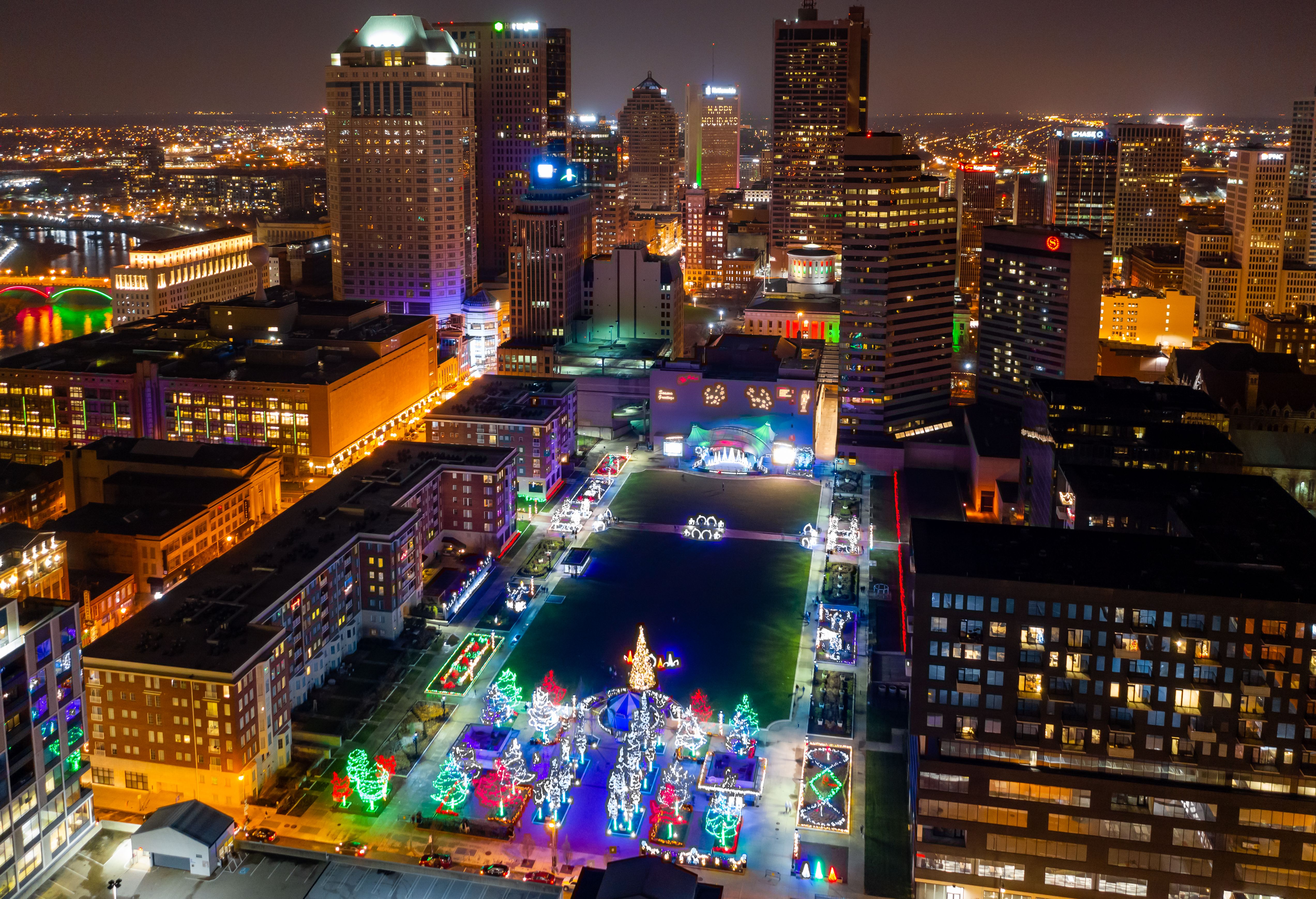 An aerial view of holiday lights at the Columbus Commons park