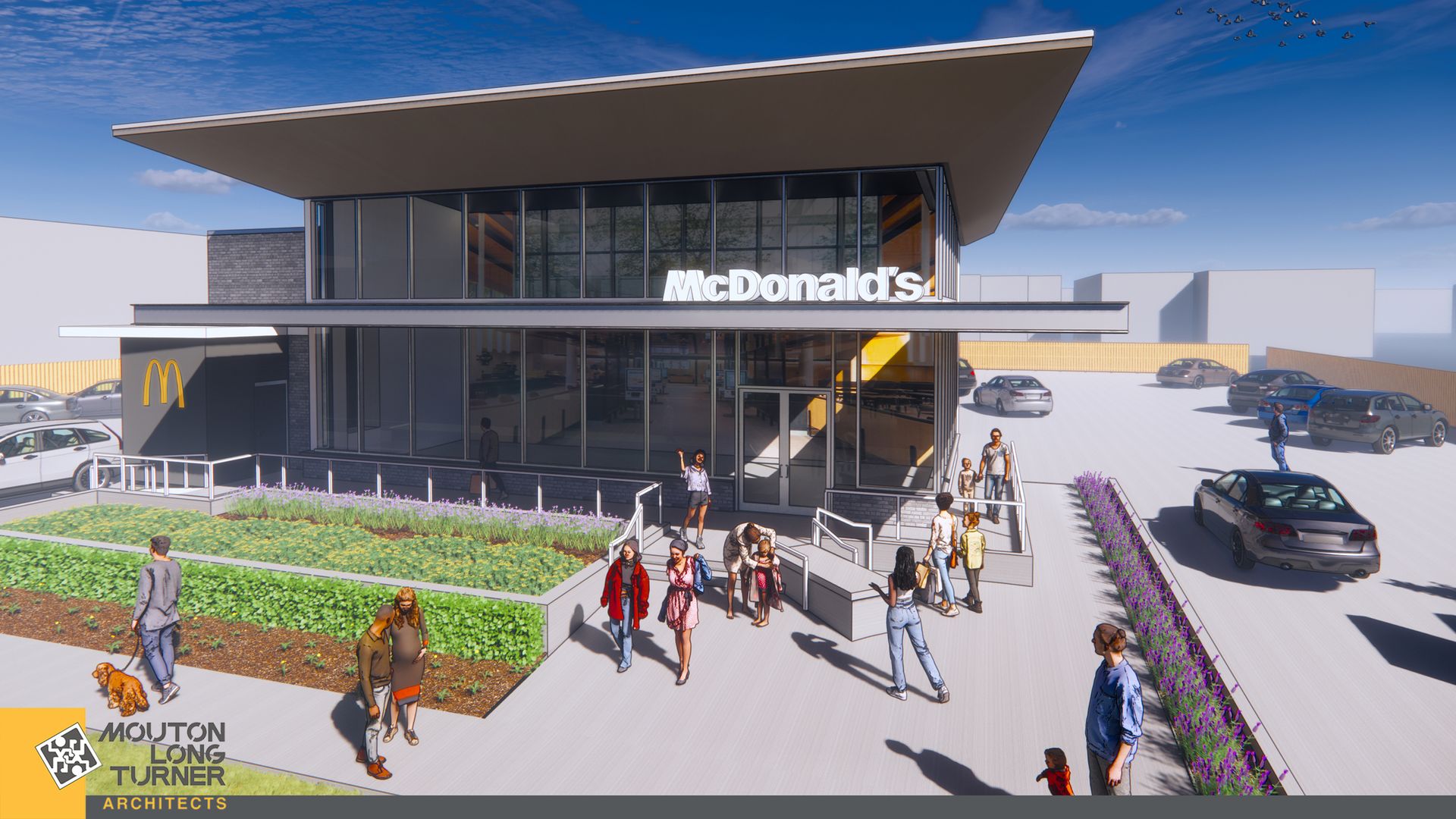 A rendering of a new McDonald's location. The building's high ceilings give it the appearance of having two stories with outside walls made of glass. A large parking lot is viewed at right with a drive through circling around back.