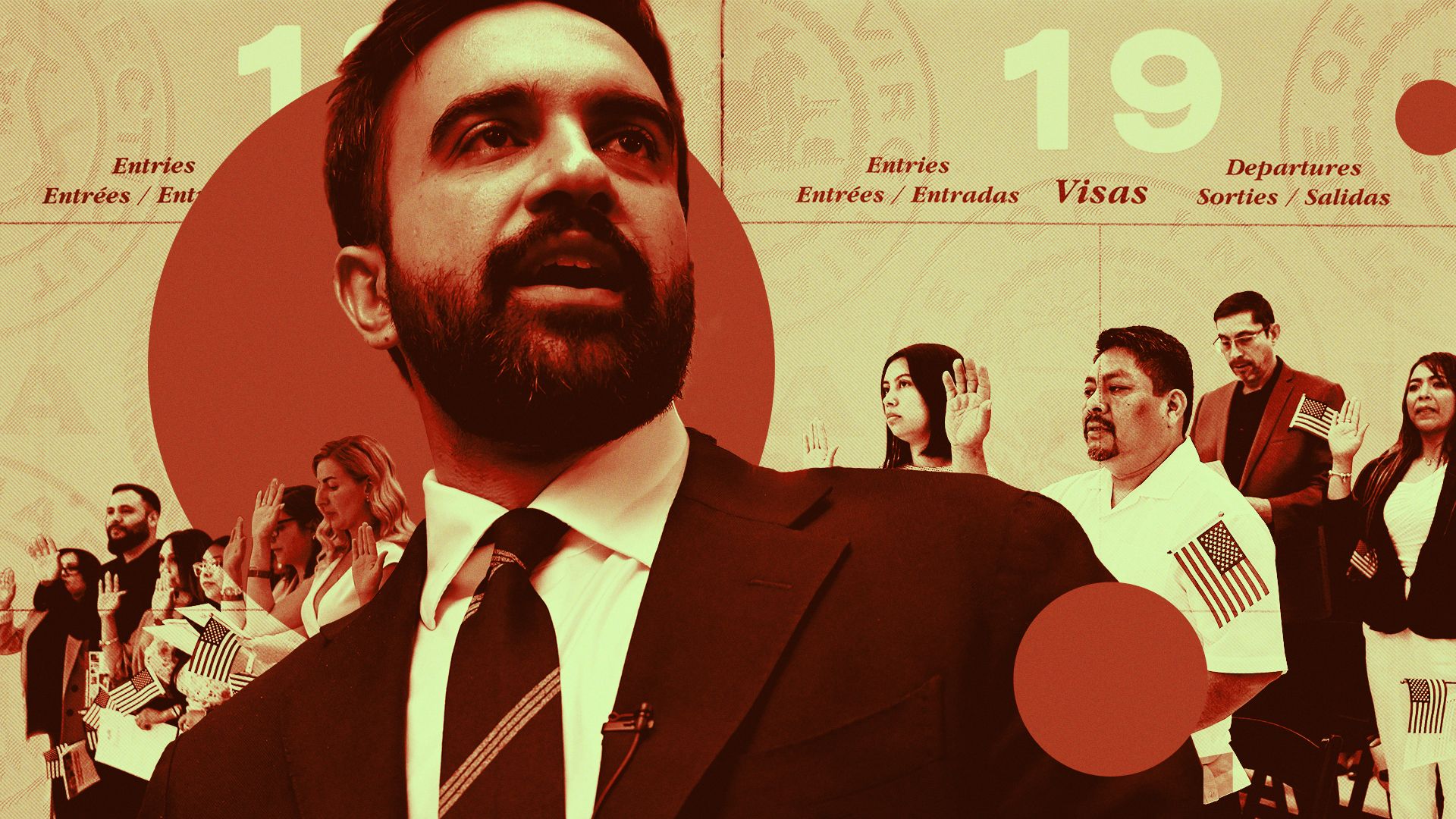 Photo illustration of Zohran Mamdani collaged with new citizens reciting Oath of Allegiance and abstract shapes.