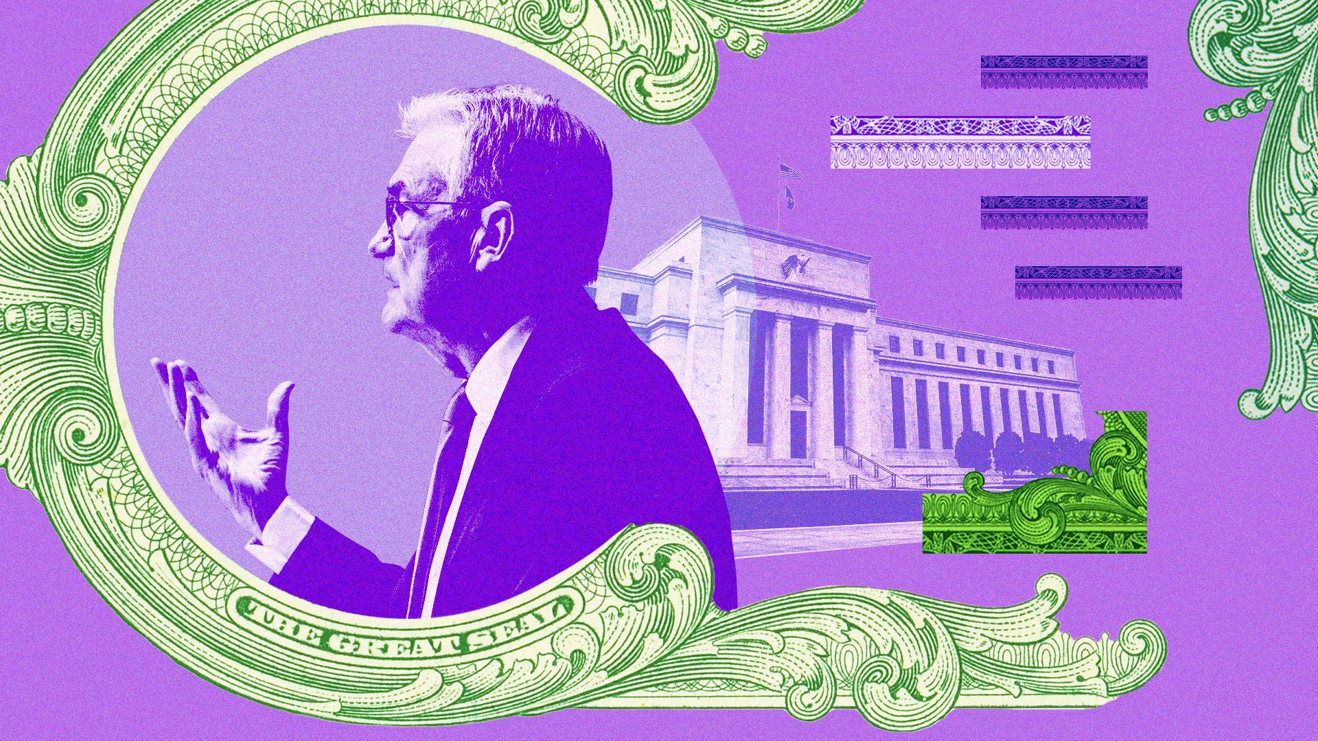Illustration of Jerome Powell and the Federal Reserve building collaged with money elements.