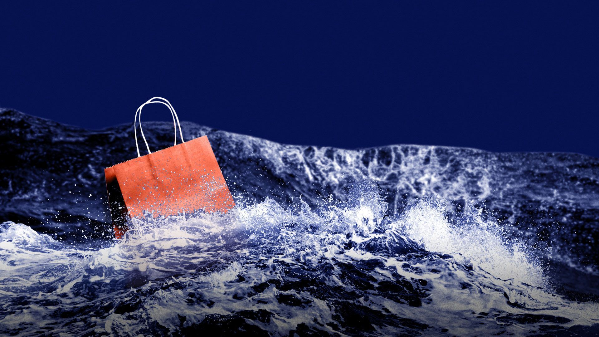 Illustration of a shopping bag in rough waves