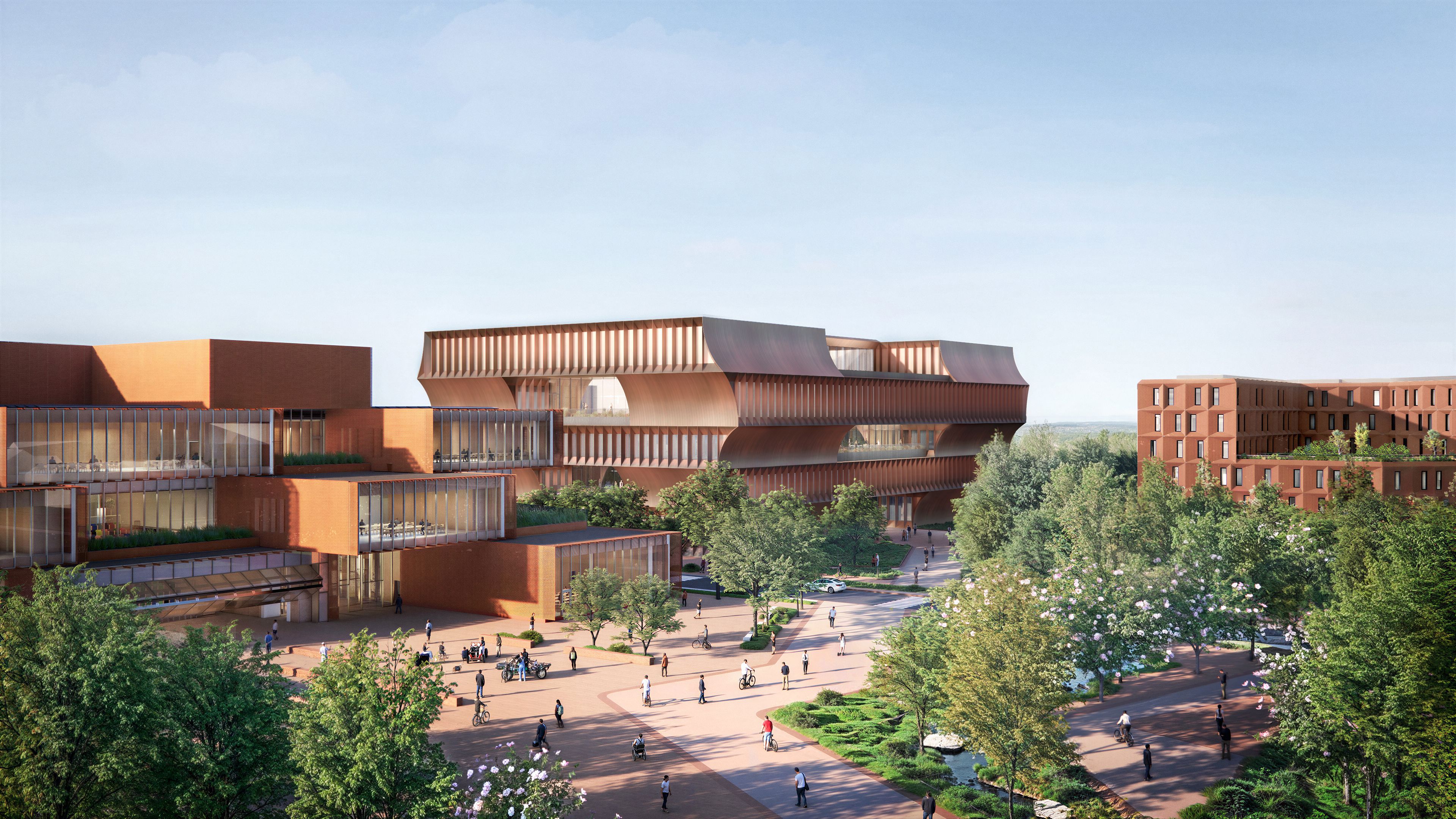 Architectural rendering of a proposed campus with modern brick buildings, tree-lined plazas, and people walking and biking through landscaped public spaces.