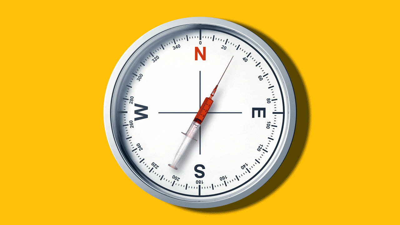 Animated illustration of a compass with a syringe needle rotating haphazardly