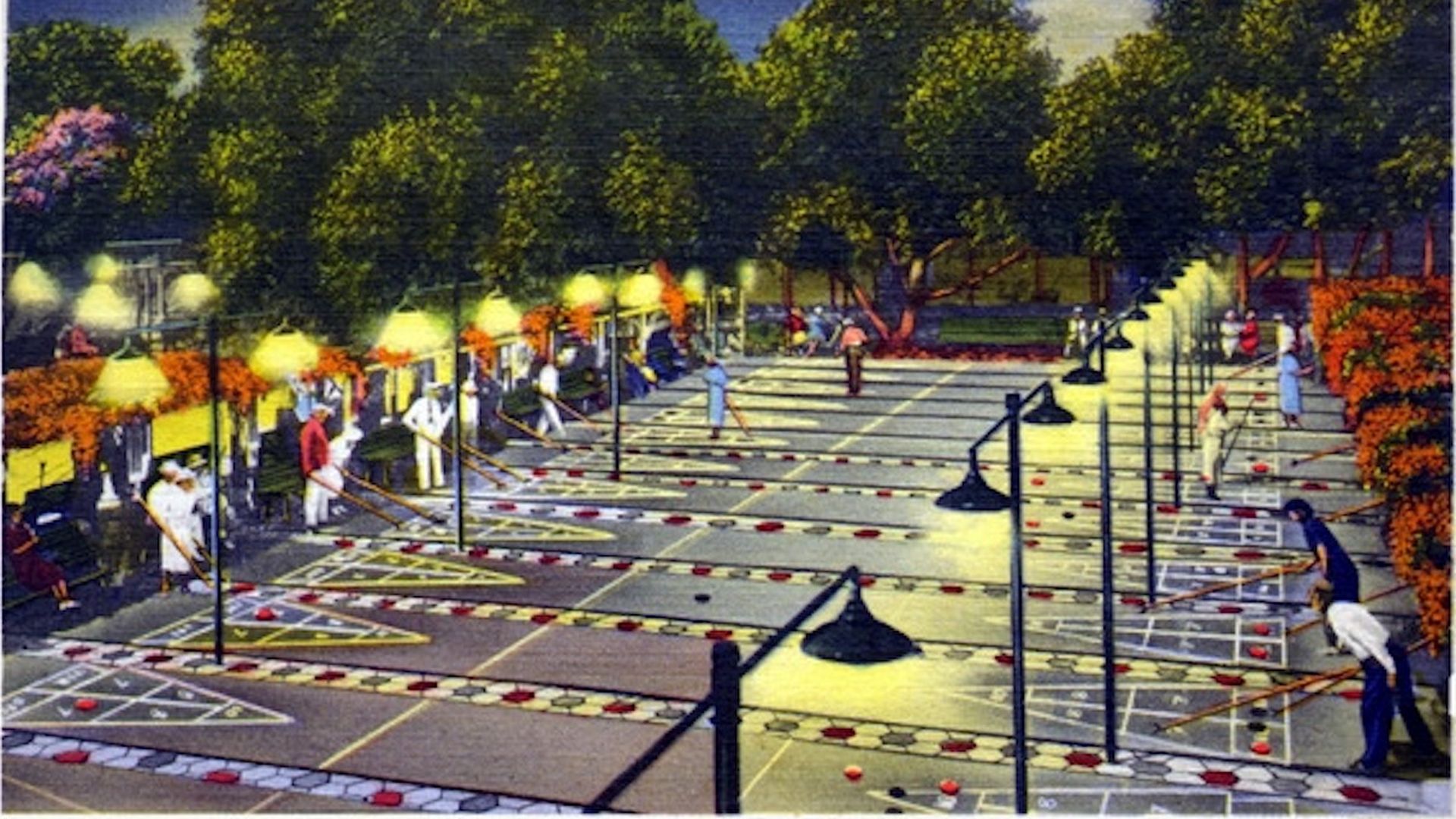 an old postcard showing shuffleboarders at night