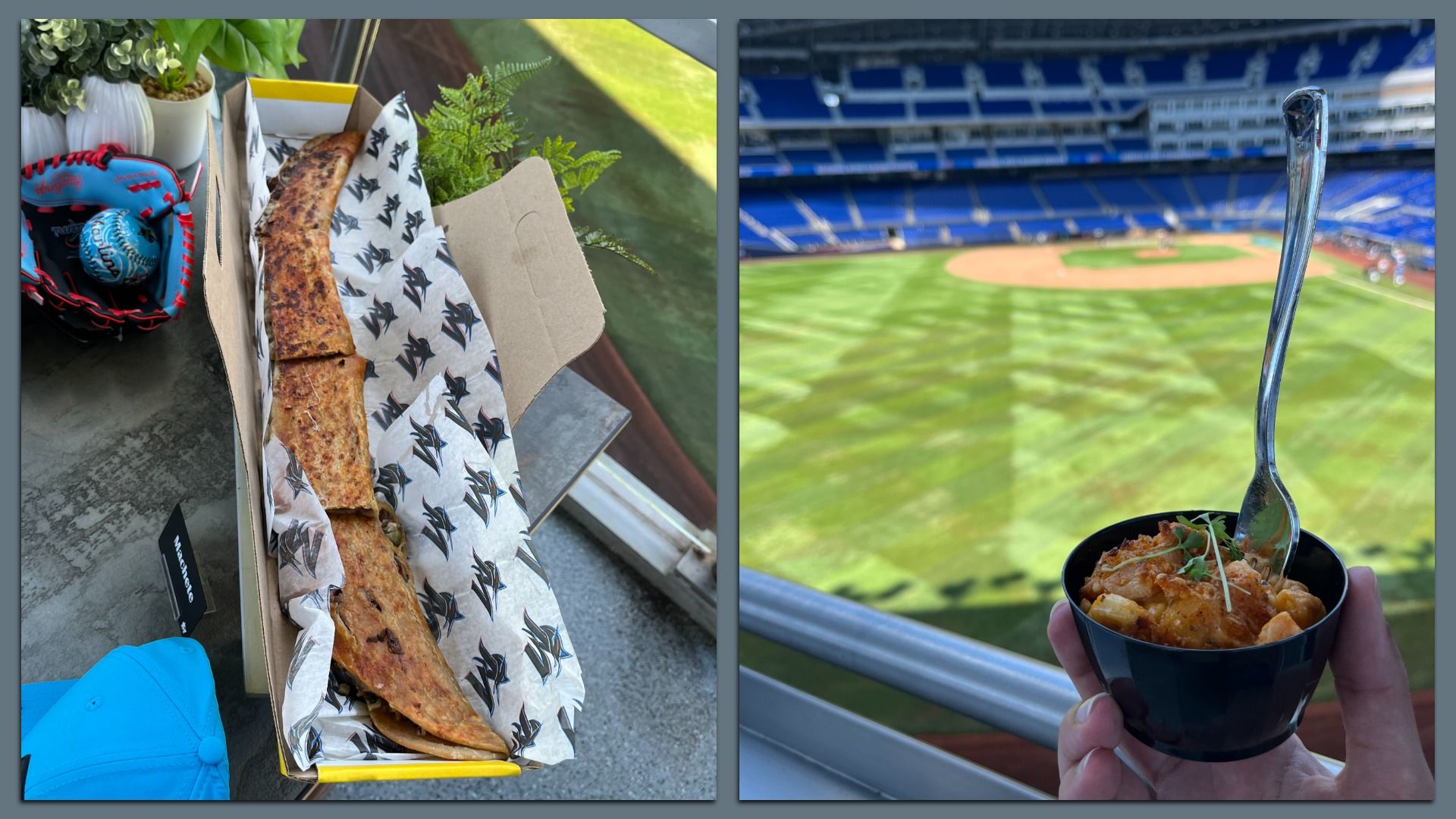 Two-panel image: left shows a long baguette in a takeout box with patterned paper, plus a blue cap and baseball glove; right shows a hand holding a bowl of food at a sunny baseball stadium.