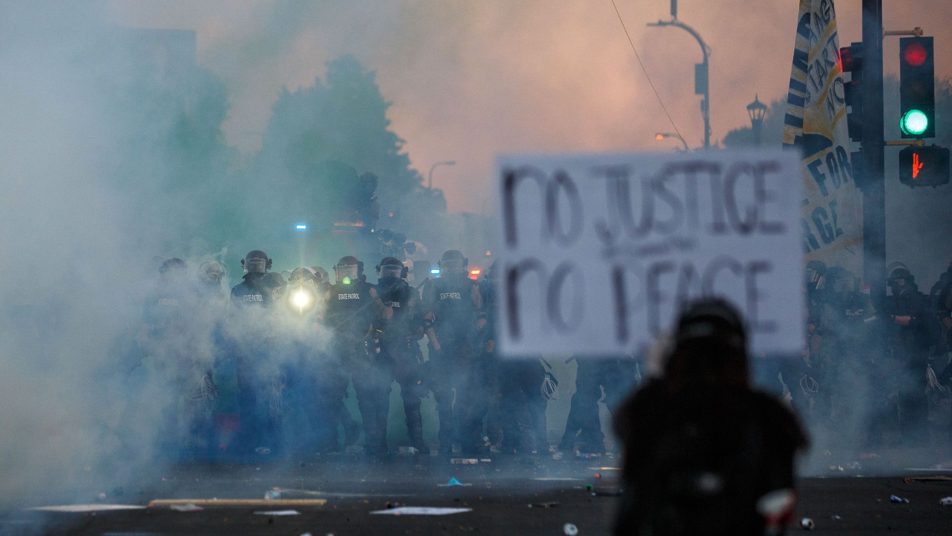 Police near the 5th police precinct during a demonstration to call for justice for George Floyd in Minneapolis