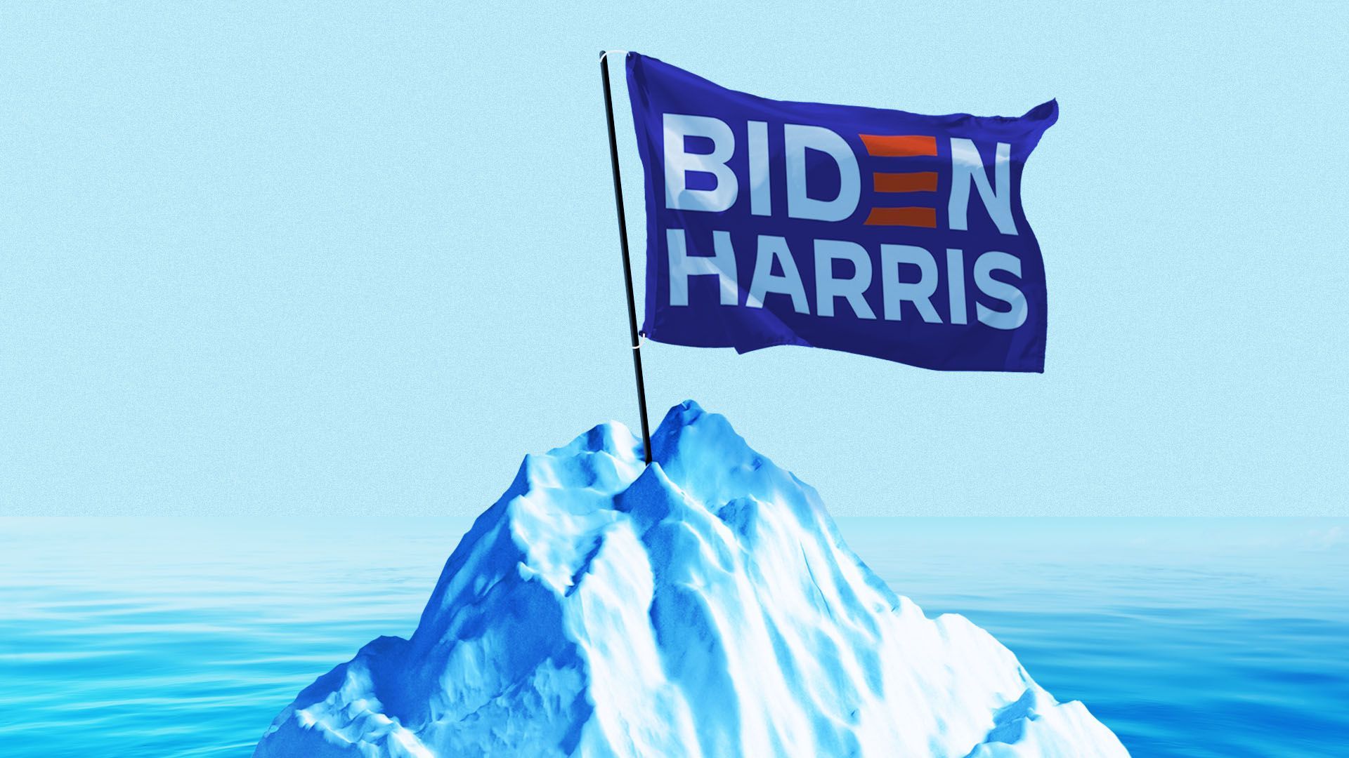 Illustration of a Biden/Harris flag on top of an iceberg
