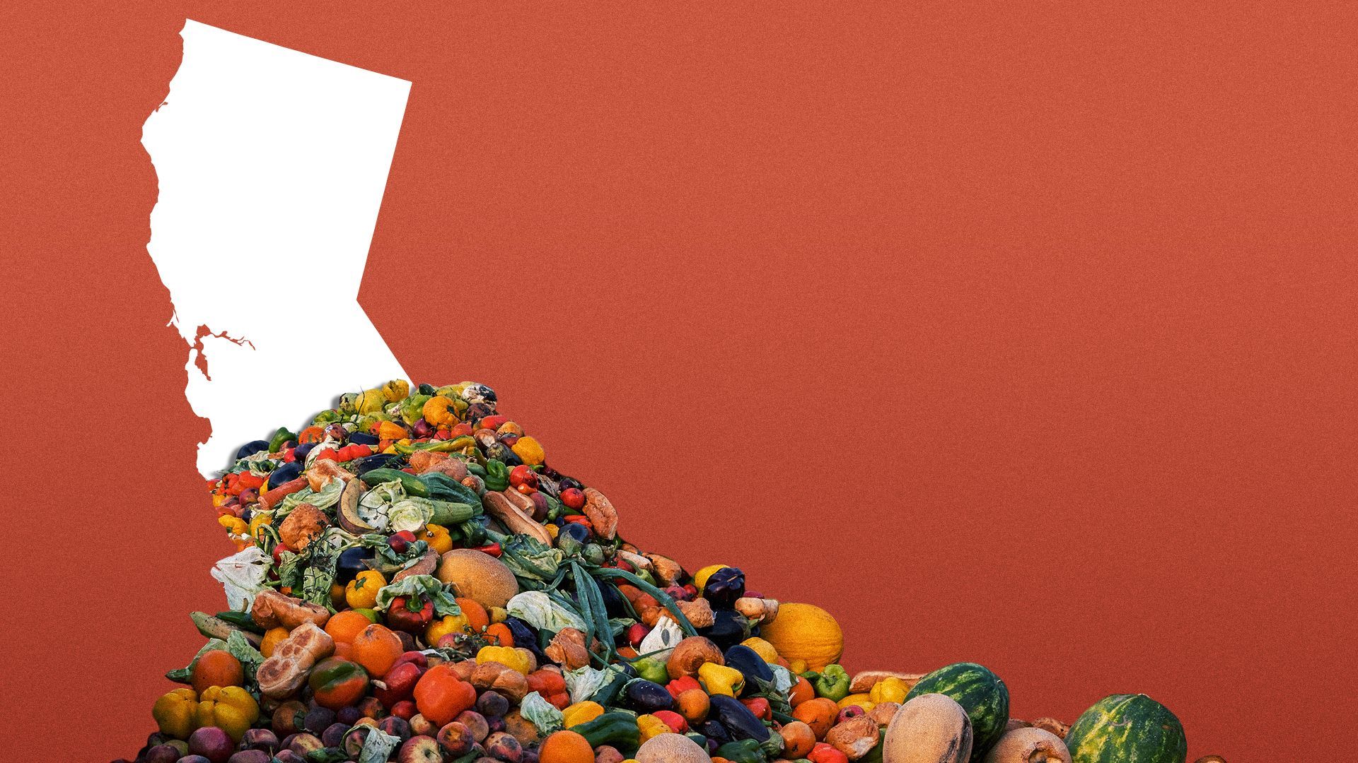 Illustration of a pile of food waste spilling out of the state of California.
