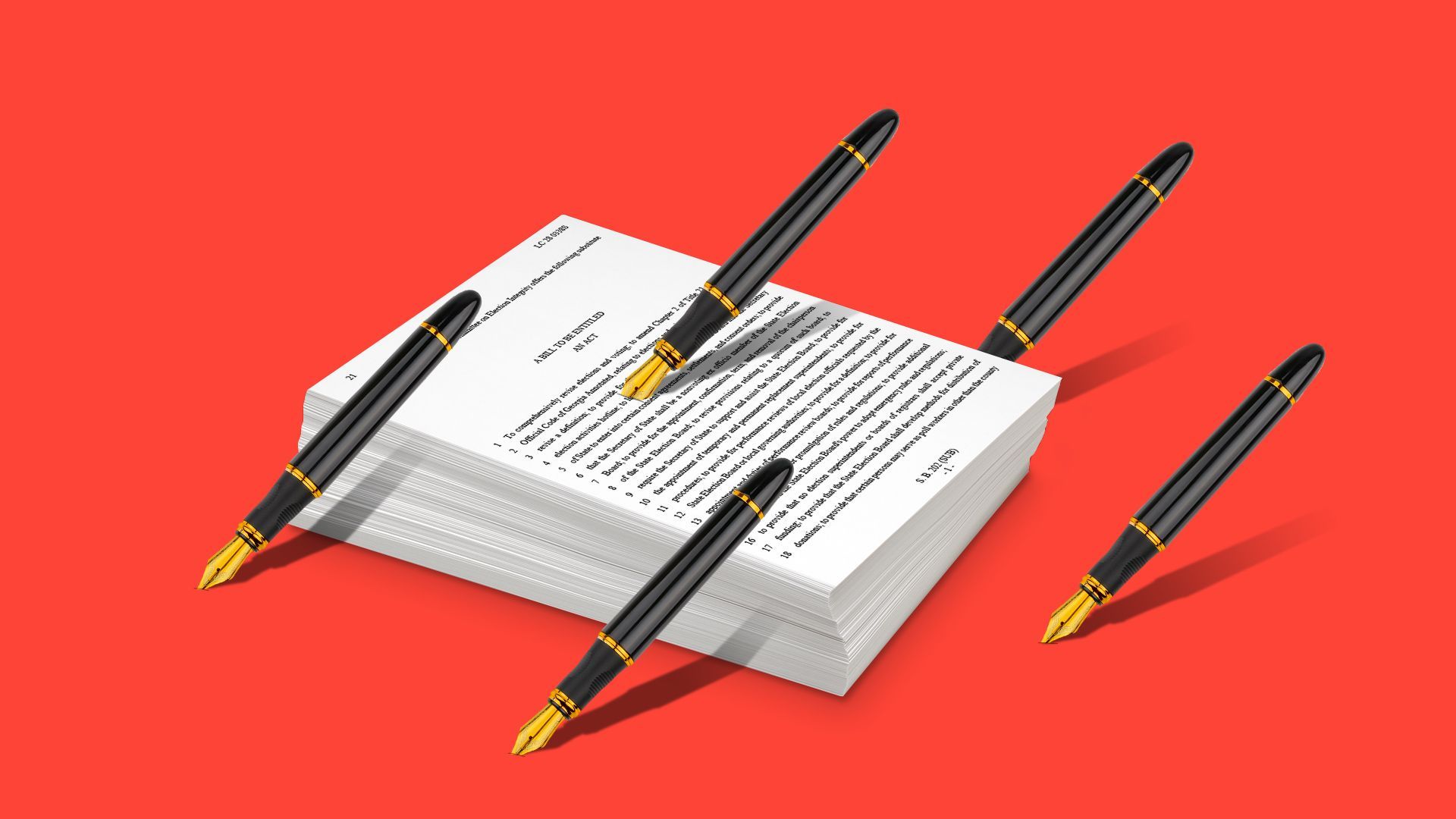 Illustration of legislation being pierced with fountain pens.