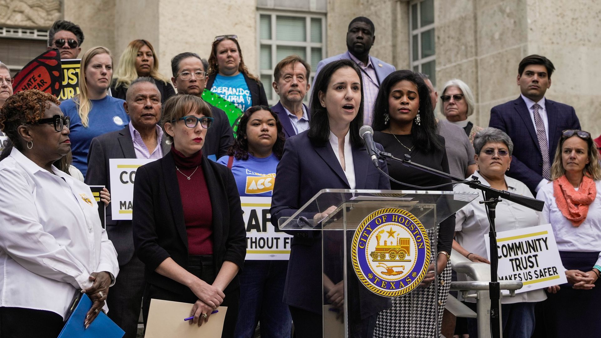 Houston City Council Member Alejandra Salinas speaks at a press conference outside City Hall
