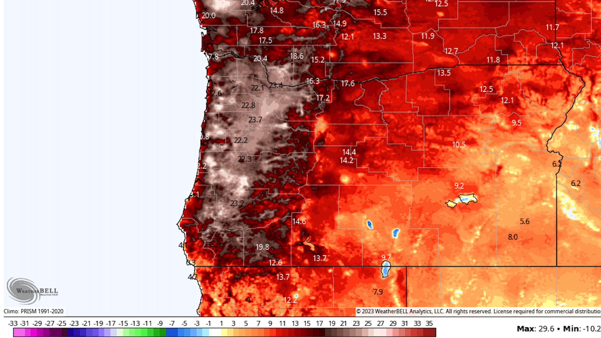 Temperature departures from average on August 14 as predicted by the National Weather Service.