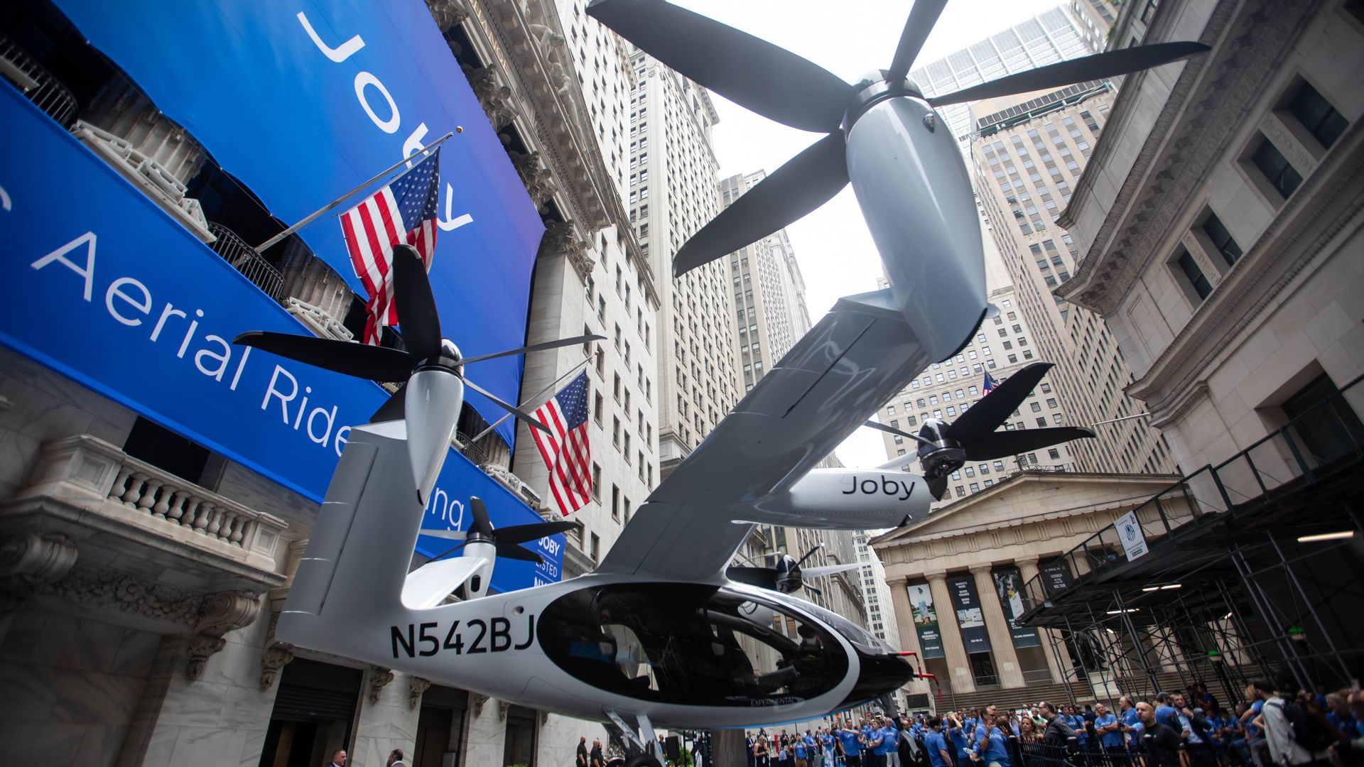 Joby Aviation airplane sits outside the New York Stock Exchange.