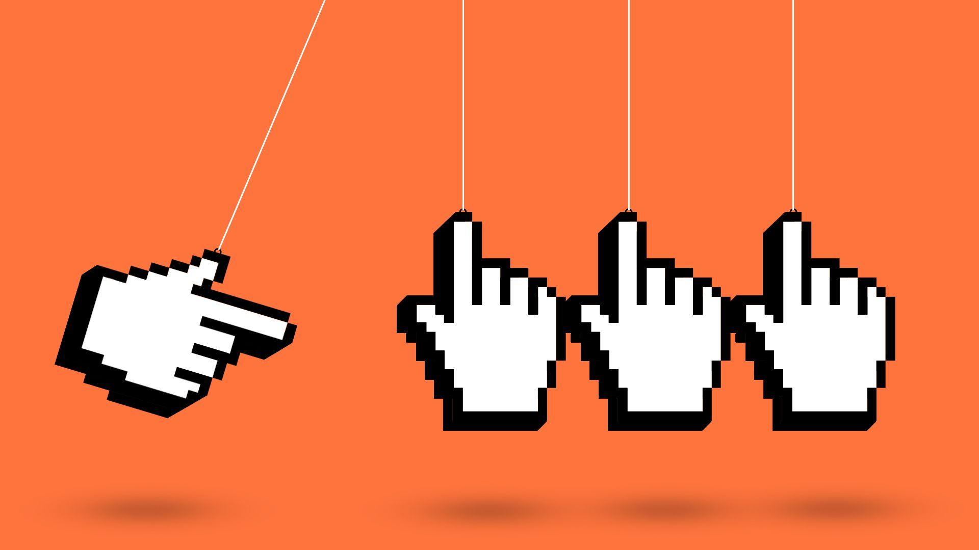 Illustration of a Newton's cradle of hanging cursor hands with one swinging toward the rest
