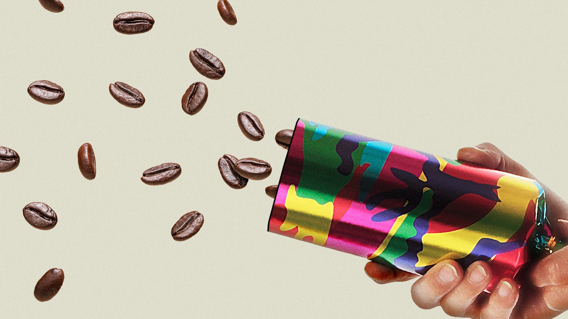 Illustration of a party popper shooting coffee beans.