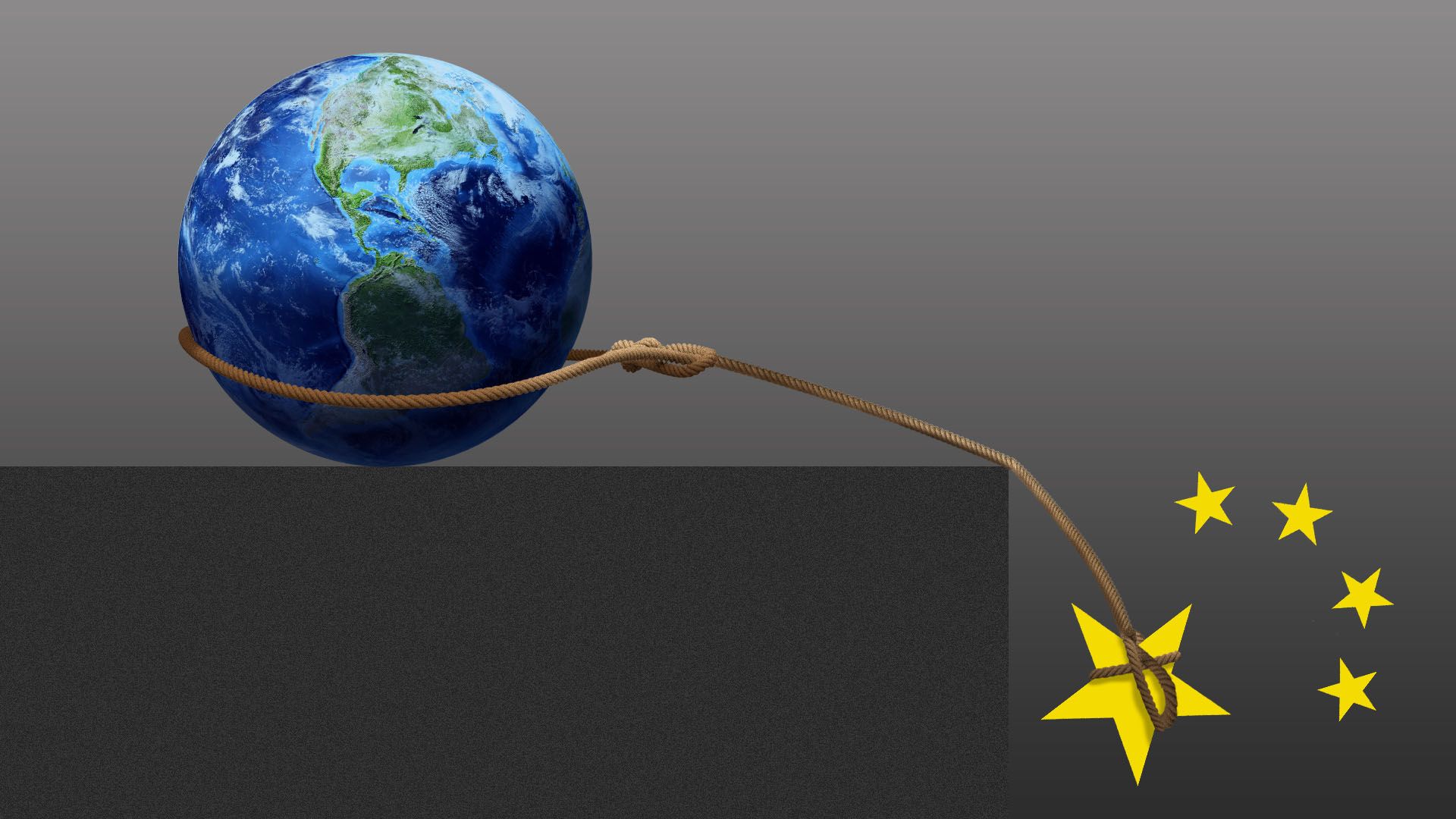 Illustration of earth being pulled off a cliff by the stars in the Chinese flag.