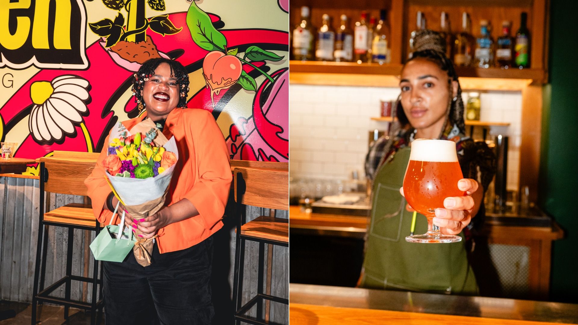 Two-panel image: left shows a joyful woman in an orange top holding a bouquet of flowers in front of a colorful mural; right shows a bartender with a foamy beer at a bar.