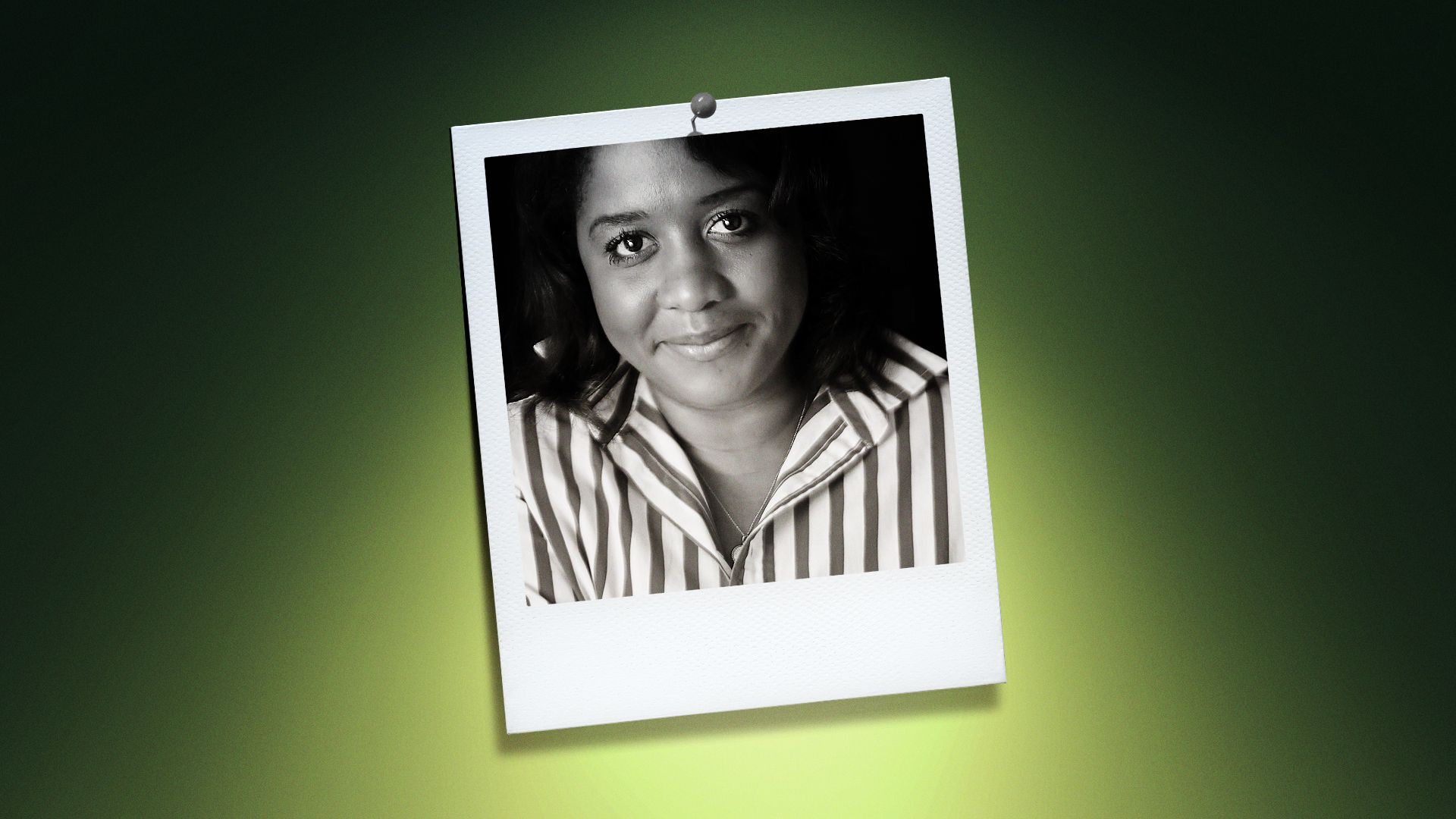 Photo illustration of Brigid Washington in a polaroid-style frame surrounded by a lime green background. 